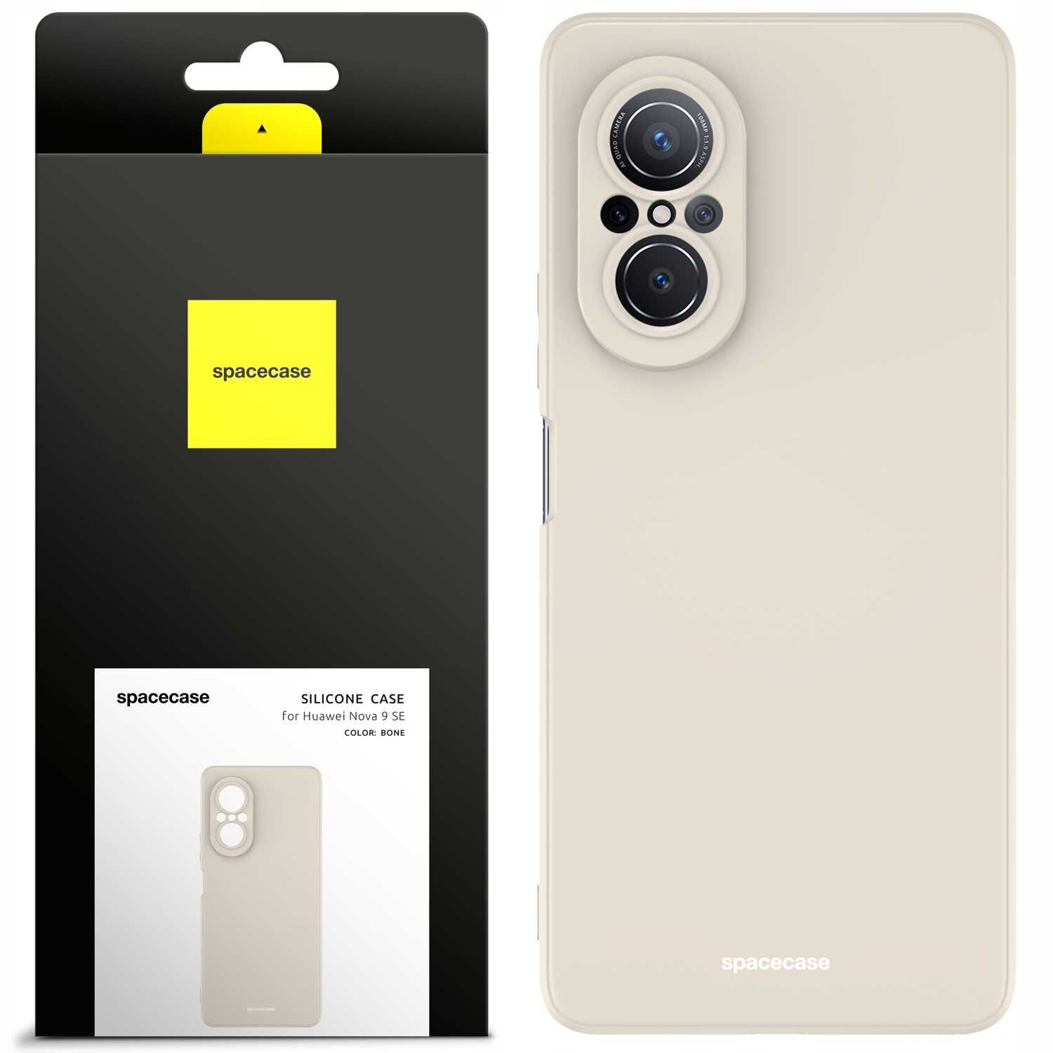 Obraz przedstawia beżowe silikonowe etui na telefon z widocznymi wycięciami na aparat. Obok znajduje się opakowanie z logo \'spacecase\' i napisem \'SILICONE CASE for Huawei Nova 9 SE COLOR: BONE\'.