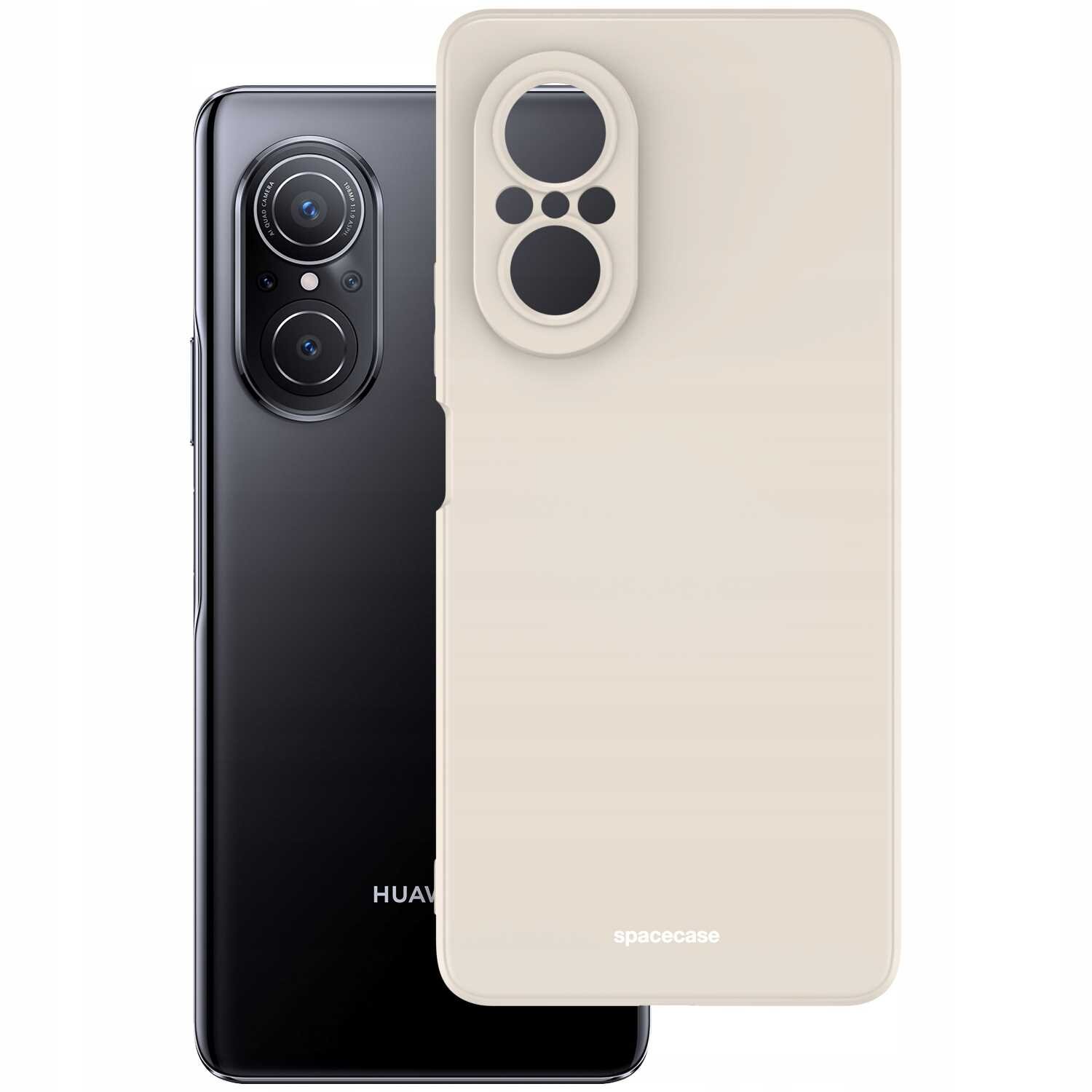Na obrazie widoczny jest telefon Huawei z trzema obiektywami aparatu oraz beżowe silikonowe etui z wycięciami na aparat. Na etui znajduje się napis \'spacecase\'.