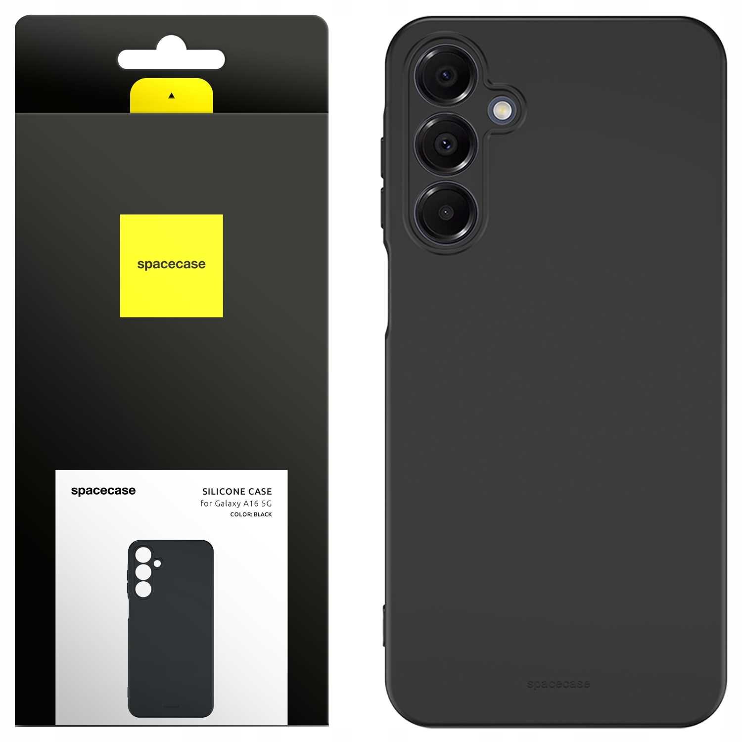 Czarne silikonowe etui na telefon z trzema otworami na aparat. Opakowanie z logo \'spacecase\' i napisem \'SILICONE CASE for Galaxy A16 5G COLOR: BLACK\'.