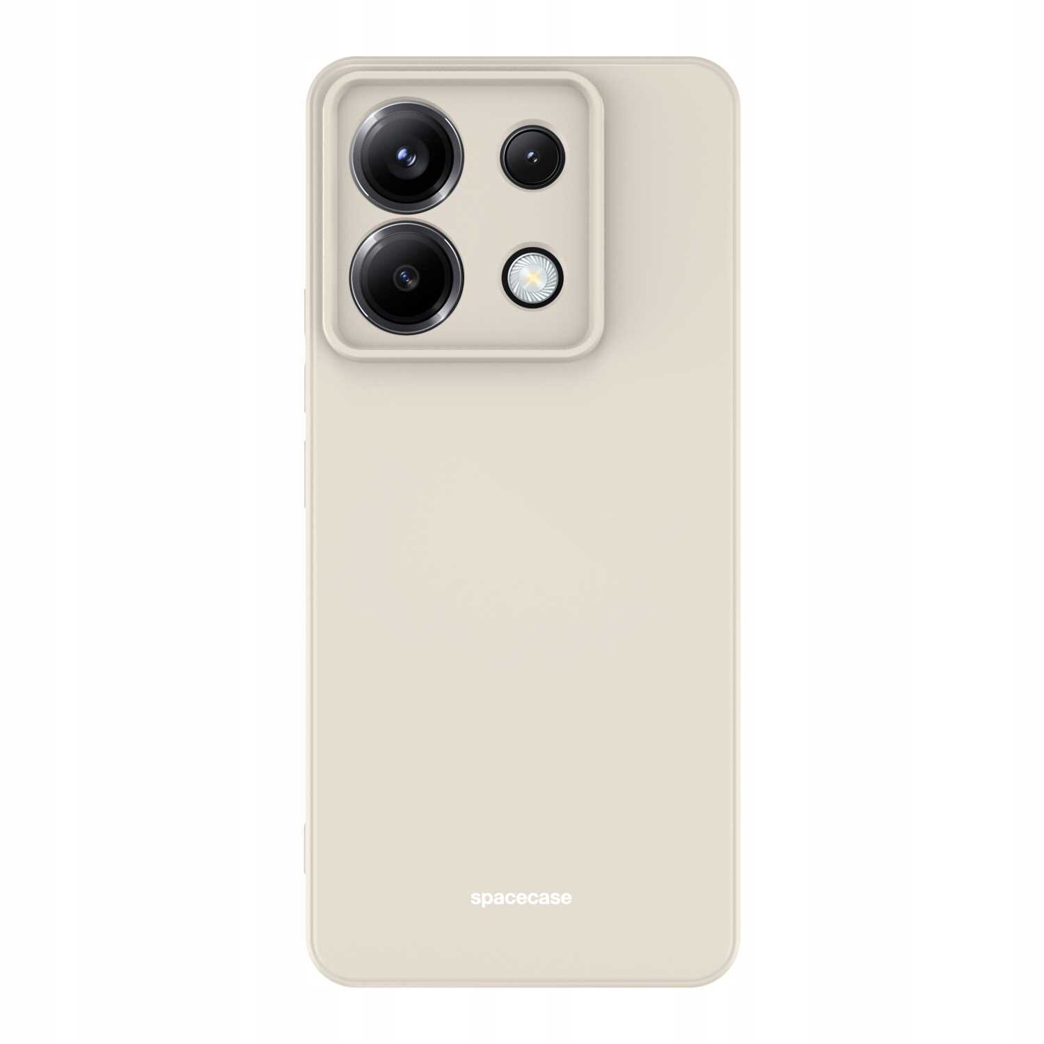 Beżowe silikonowe etui na telefon z trzema widocznymi otworami na aparaty i napisem \'spacecase\' na dole.