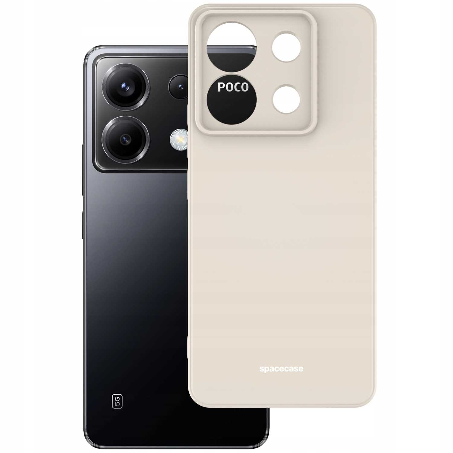 Na obrazie widoczne jest beżowe silikonowe etui z trzema otworami na aparat i napisem \'spacecase\'. Obok znajduje się czarny telefon z trzema obiektywami i napisem \'POCO\'.