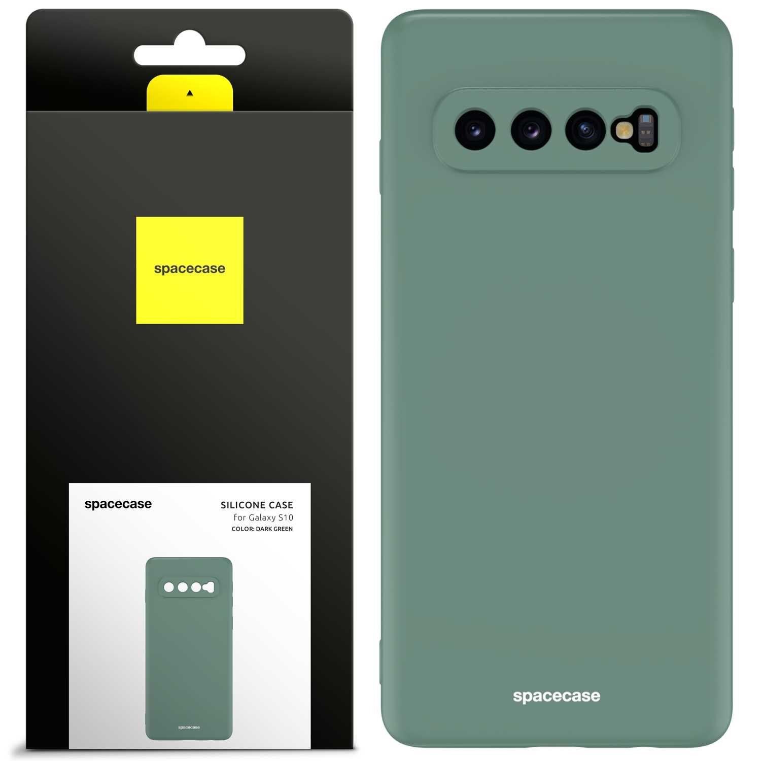 Obraz przedstawia zielone silikonowe etui na telefon z trzema otworami na aparaty. Opakowanie produktu ma czarną i żółtą kolorystykę z napisem \'spacecase\'.