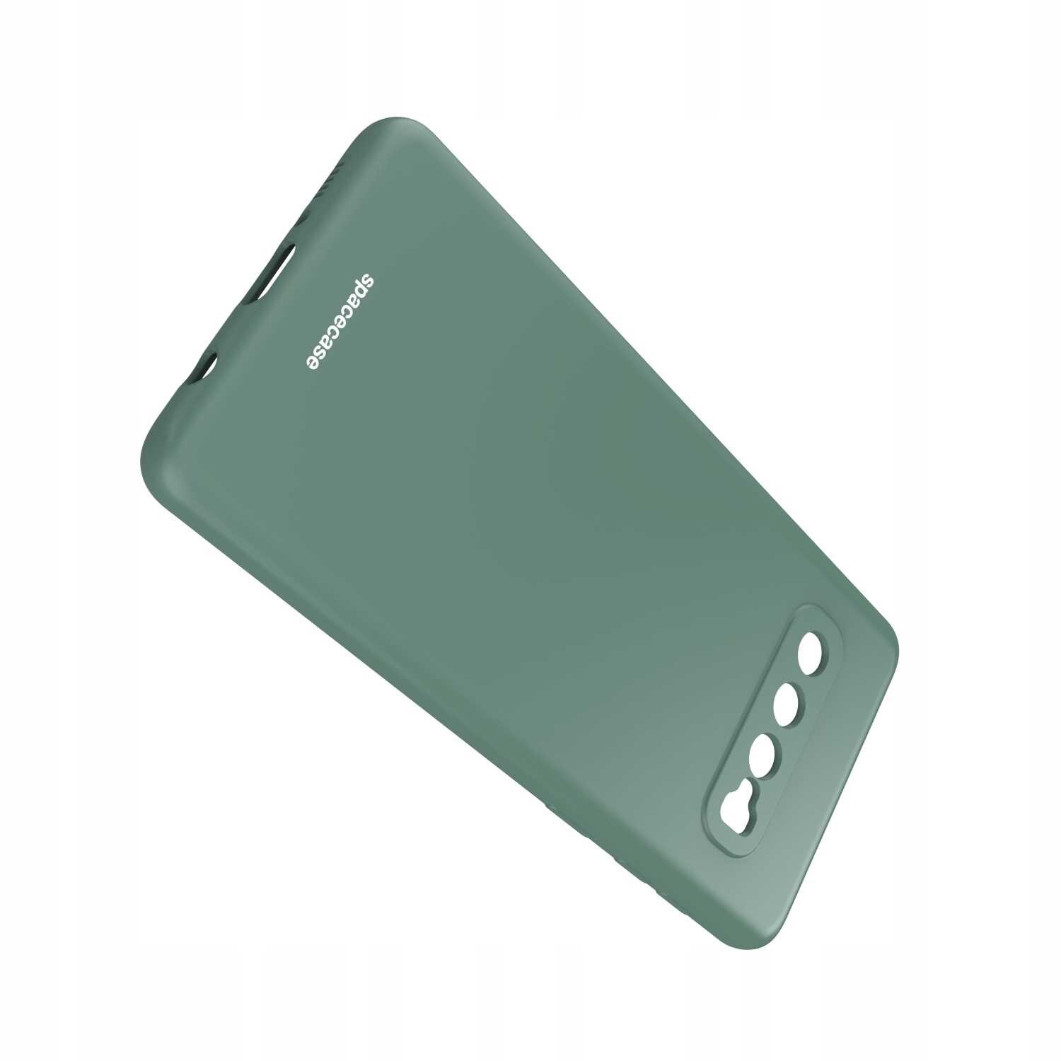Zielone silikonowe etui z logo \'spacecase\' i wycięciami na aparat oraz przyciski.