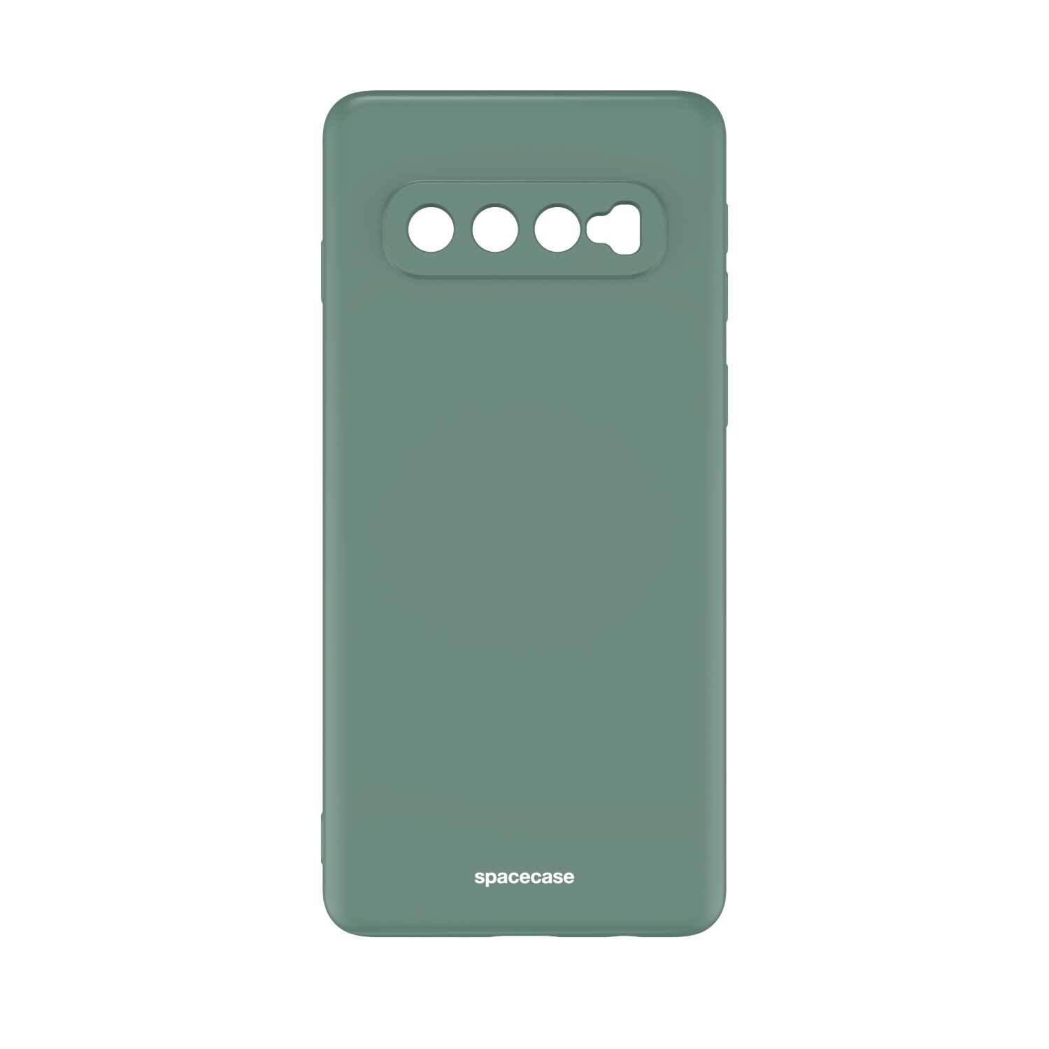Zielone silikonowe etui z wycięciami na aparat i logo \'spacecase\' na dole.