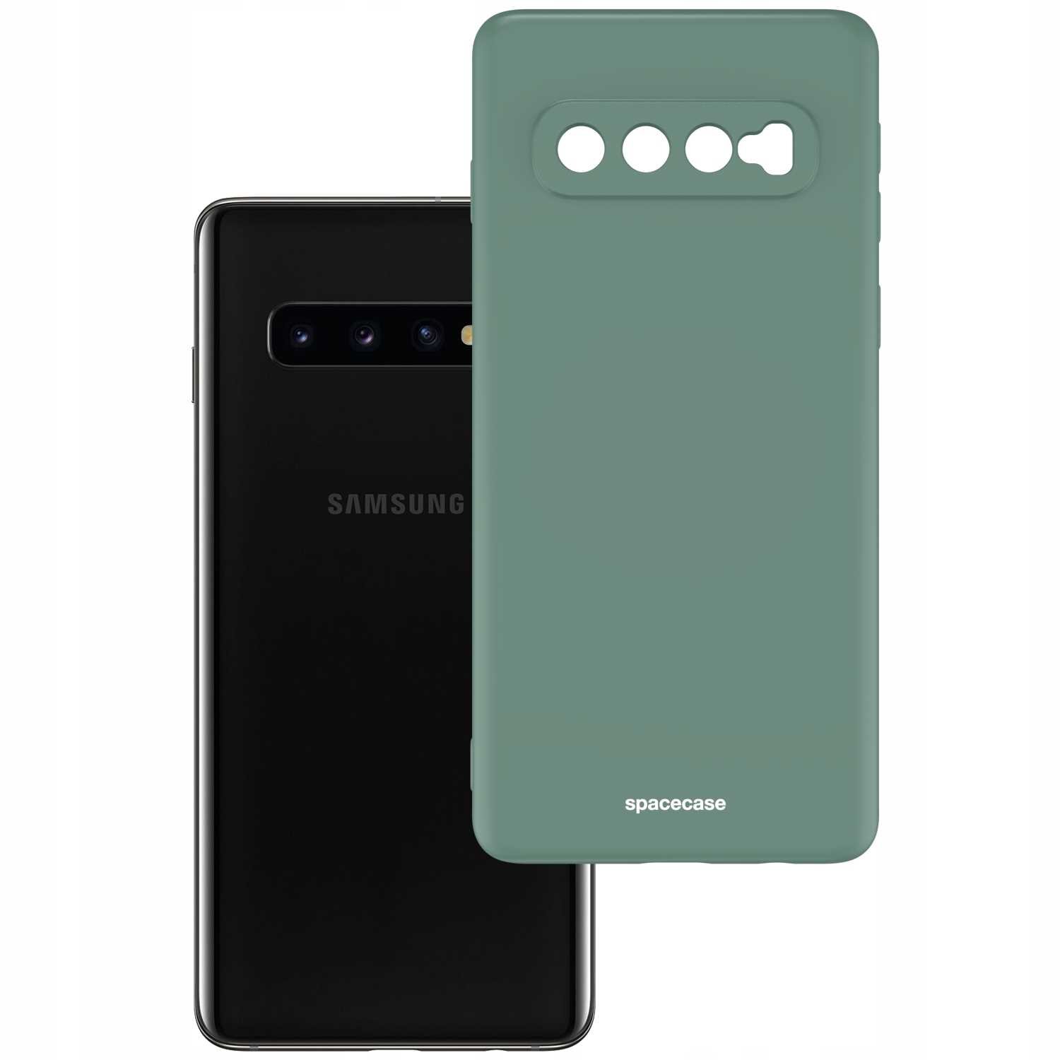 Obraz przedstawia zielone silikonowe etui z wycięciami na aparat i logo \'spacecase\' na dole. W tle widoczny jest czarny telefon z logo \'SAMSUNG\'.