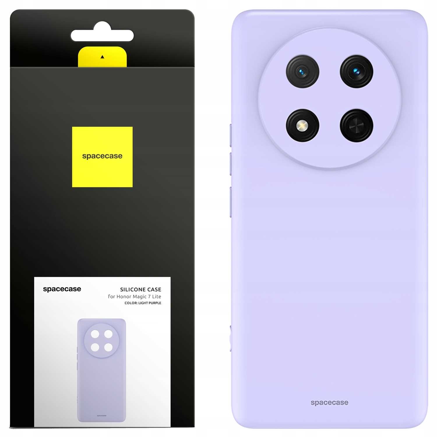 Obraz przedstawia fioletowe silikonowe etui z trzema okrągłymi otworami na aparaty oraz opakowanie z logo \'spacecase\'. Na opakowaniu widnieje napis: \'SILICONE CASE for Honor Magic 7 Lite COLOR: LIGHT PURPLE\'.