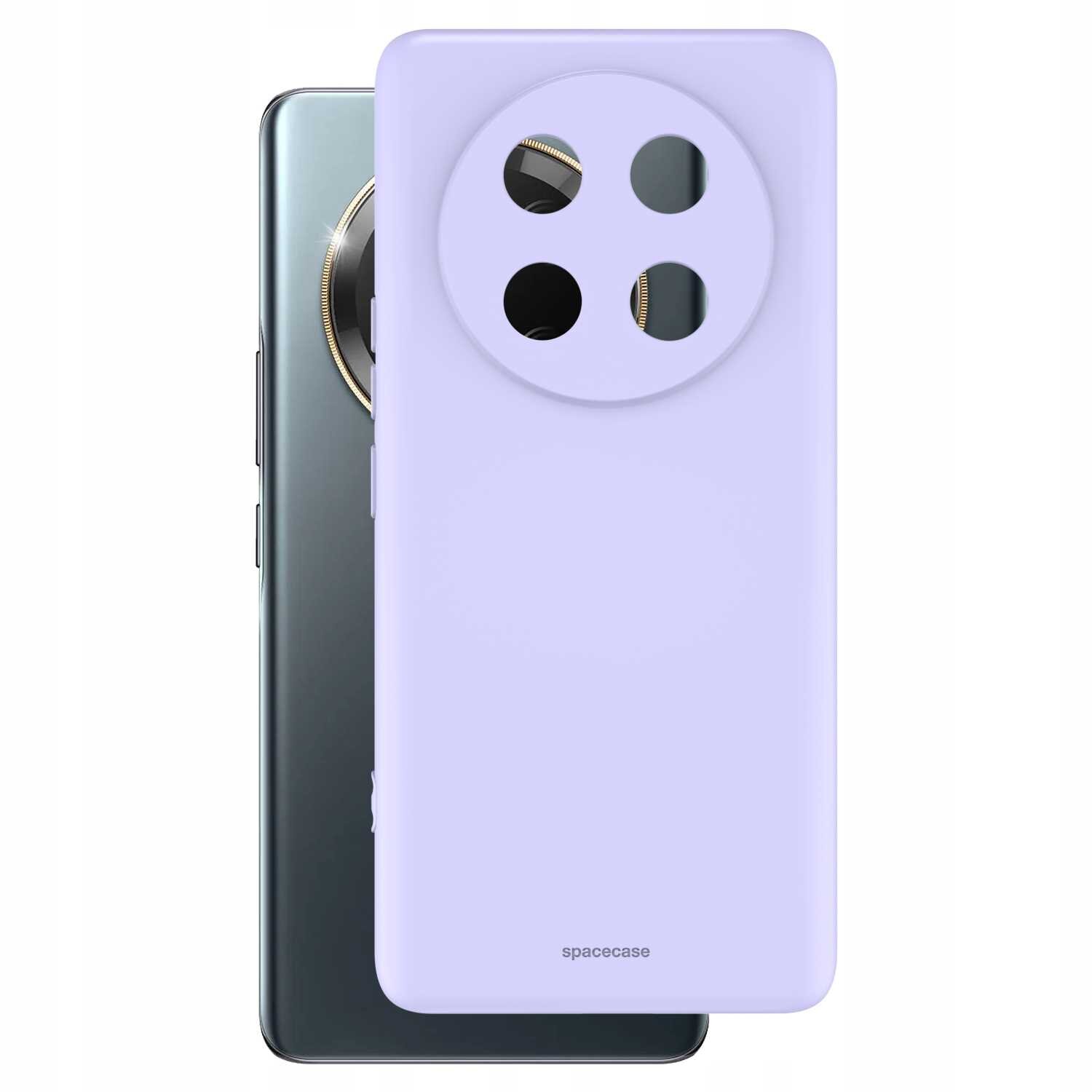 Na obrazie widoczne jest fioletowe silikonowe etui z trzema okrągłymi wycięciami na aparat, umieszczone na tle telefonu. Na etui znajduje się napis \'spacecase\'.