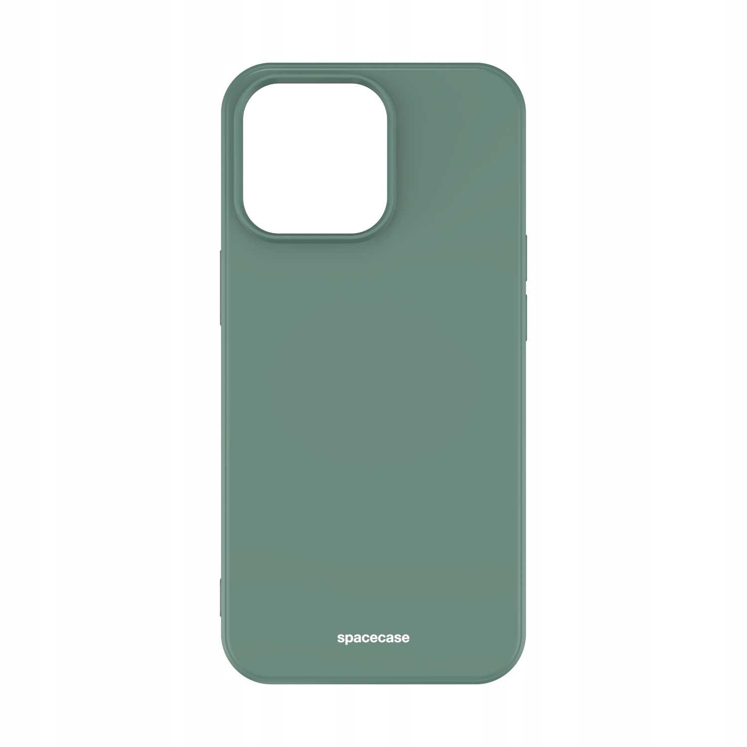 Zielone silikonowe etui na telefon z wycięciem na aparat. Na dole widoczny jest napis \'spacecase\'.