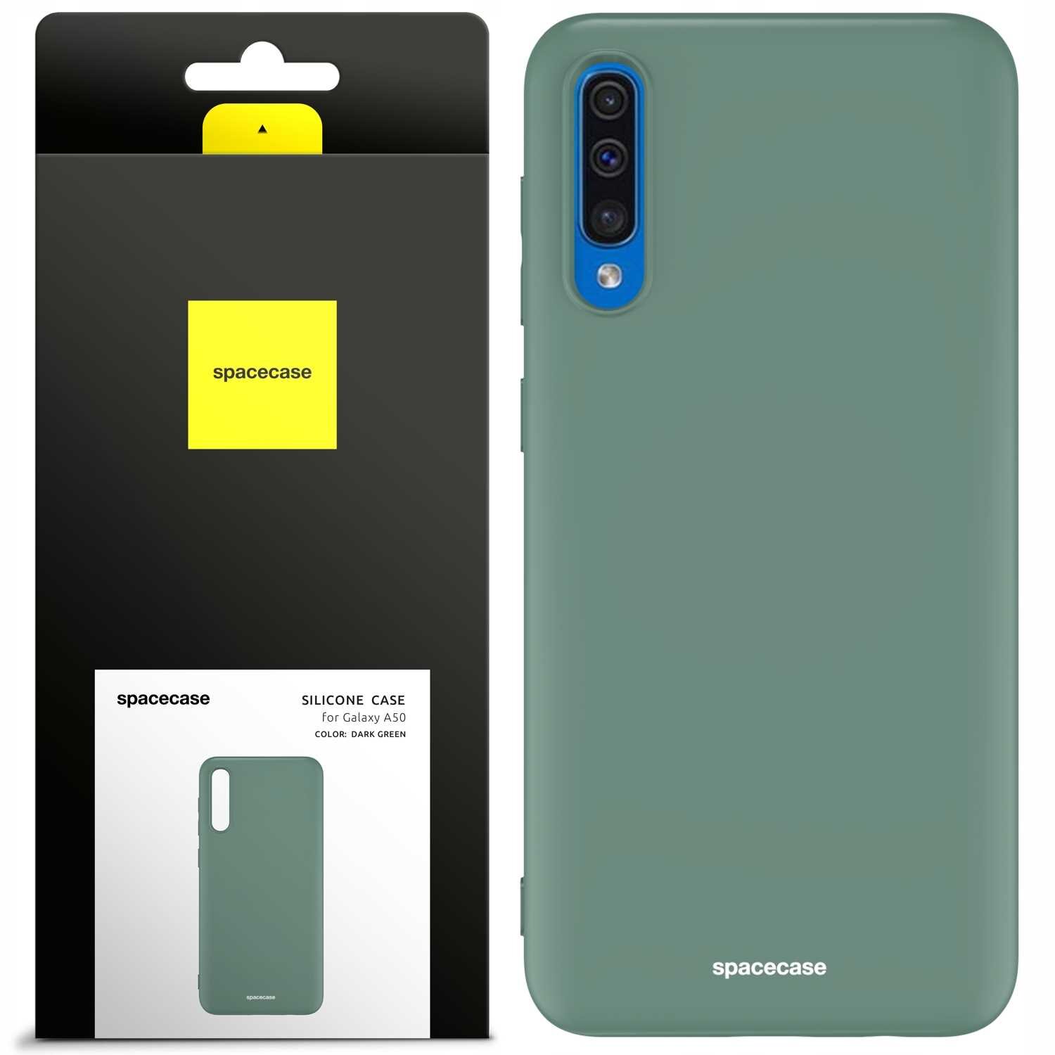 Obraz przedstawia zielone silikonowe etui na telefon z trzema wycięciami na aparaty. Opakowanie produktu ma czarną i żółtą kolorystykę z napisem \'spacecase\'.