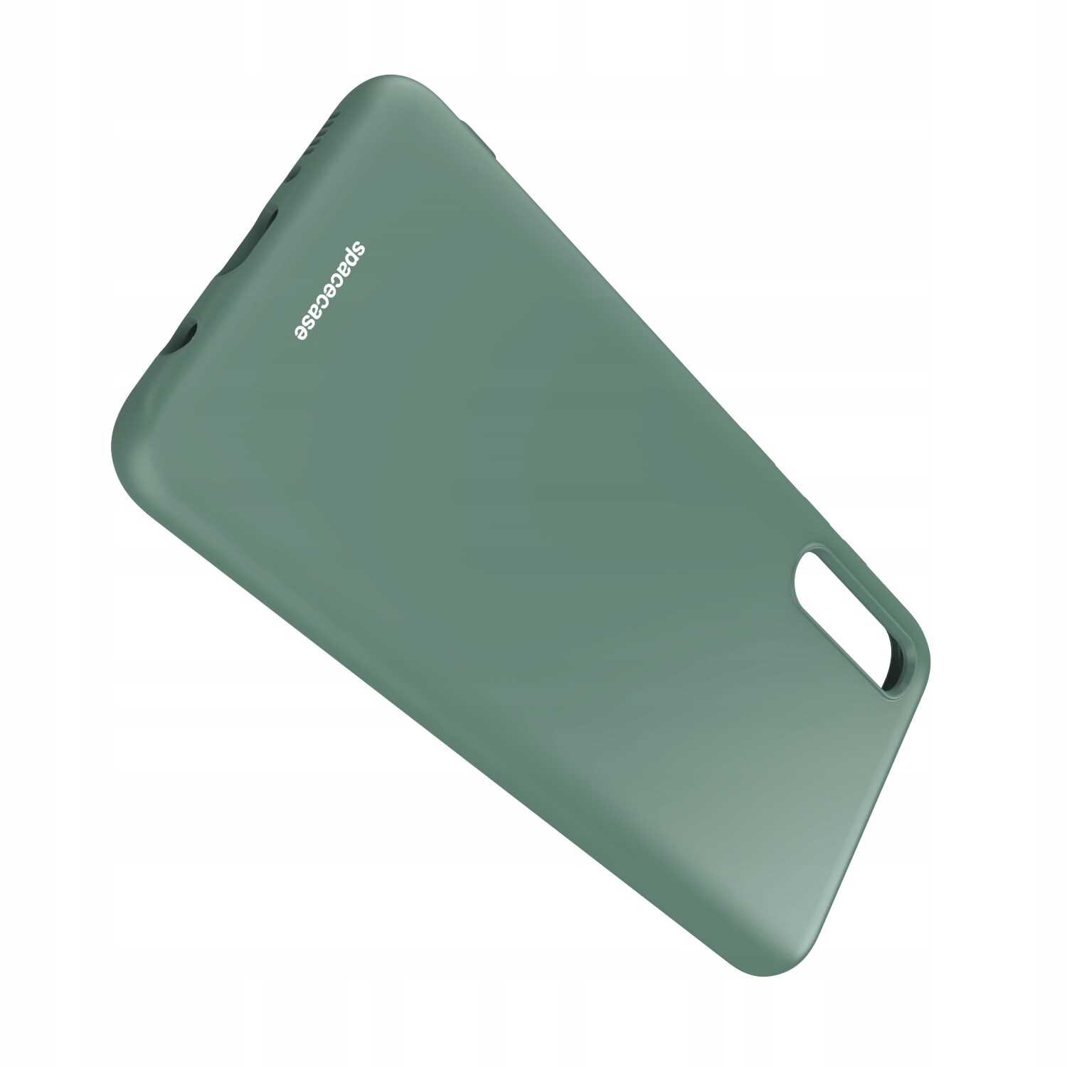 Zielone silikonowe etui z napisem \'SPACECASE\' i wbudowanym pierścieniem na tylnej stronie. Etui ma wycięcie na aparat.