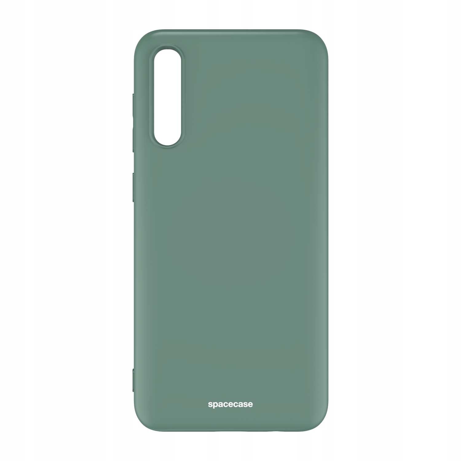 Zielone silikonowe etui z wycięciem na aparat i napisem \'spacecase\' na dole.