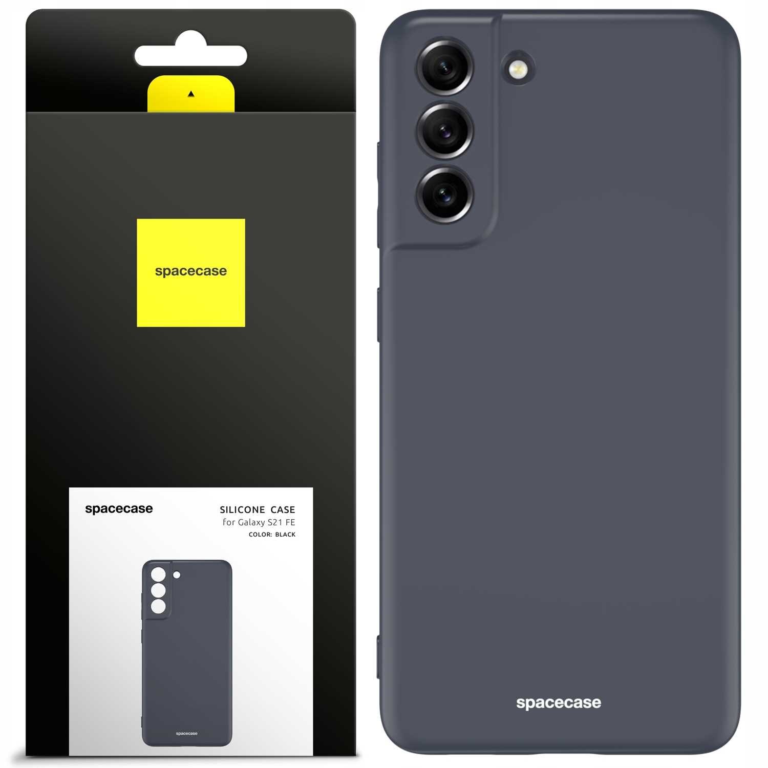 Czarne silikonowe etui na telefon z trzema otworami na aparaty i jednym na lampę błyskową. Opakowanie z logo \'spacecase\' oraz napisem \'SILICONE CASE for Galaxy S21 FE COLOR: BLACK\'.