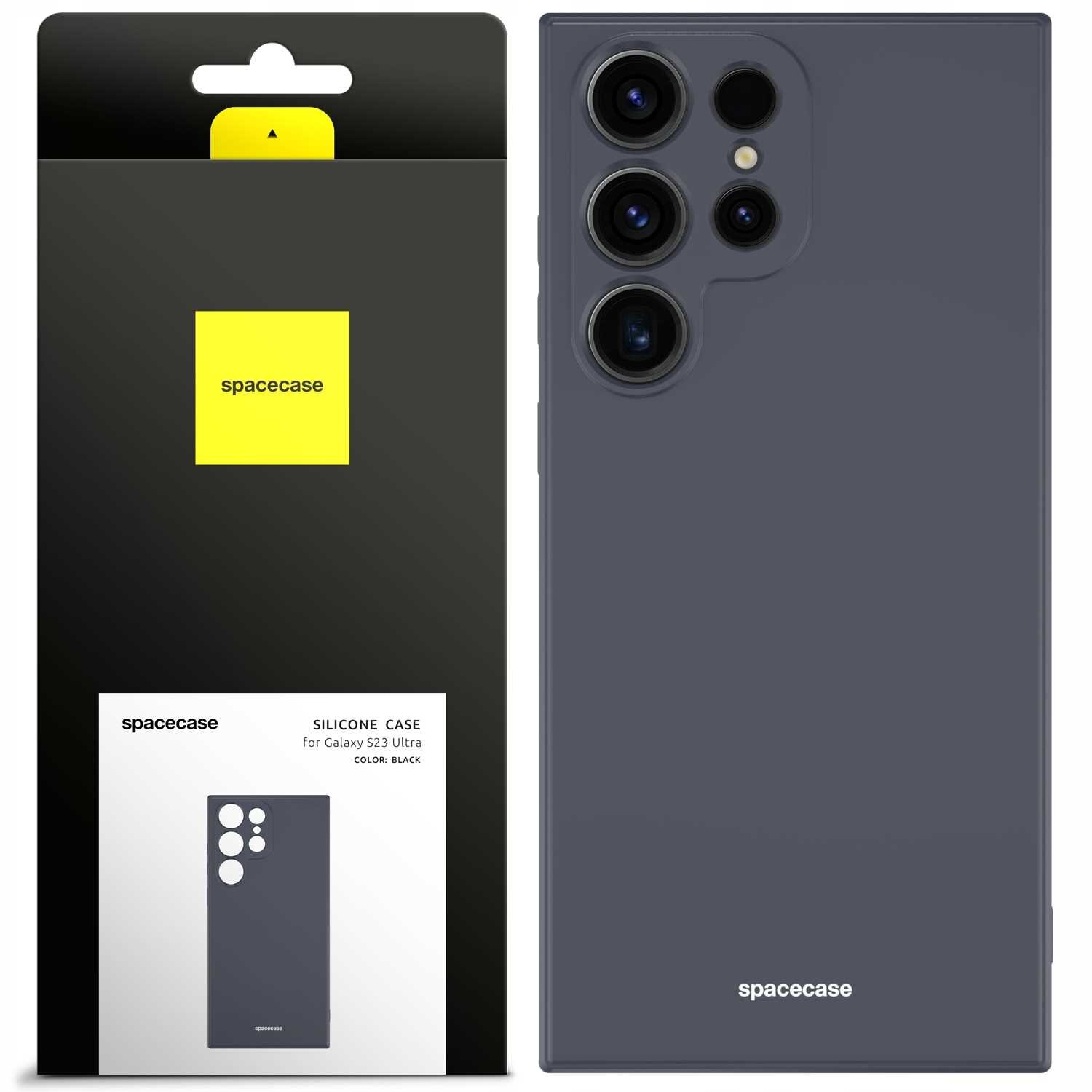 Obraz przedstawia czarne silikonowe etui na telefon z widocznymi wycięciami na aparaty. Opakowanie produktu zawiera logo \'spacecase\' oraz napis \'SILICONE CASE for Galaxy S23 Ultra COLOR: BLACK\'.