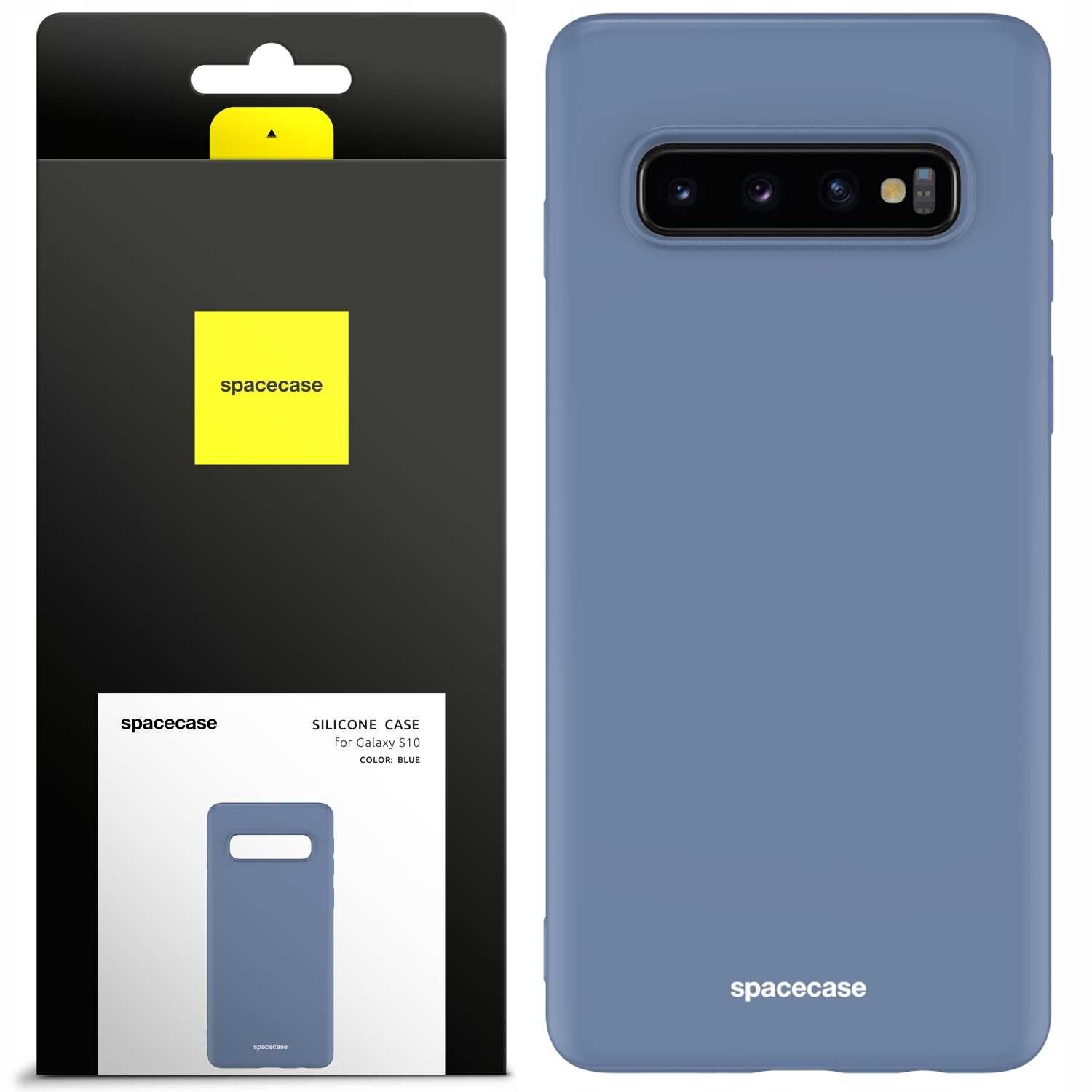 Obraz przedstawia silikonowe etui w kolorze niebieskim, przeznaczone do Galaxy S10. Na opakowaniu widnieje napis \'spacecase\' oraz \'SILICONE CASE for Galaxy S10 COLOR: BLUE\'.