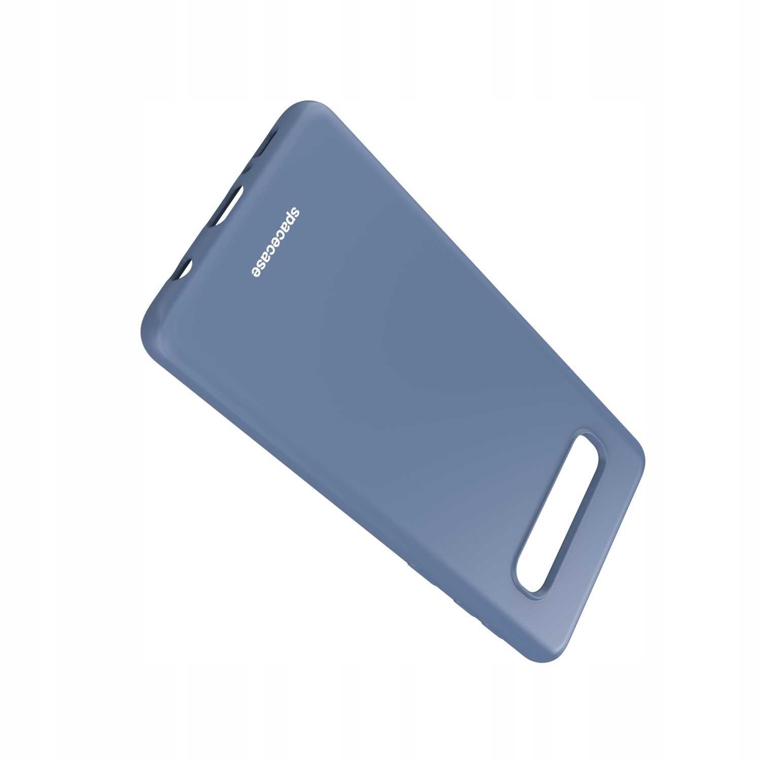 Niebieskie silikonowe etui z wycięciem na aparat i logo \'spacecase\' na powierzchni.