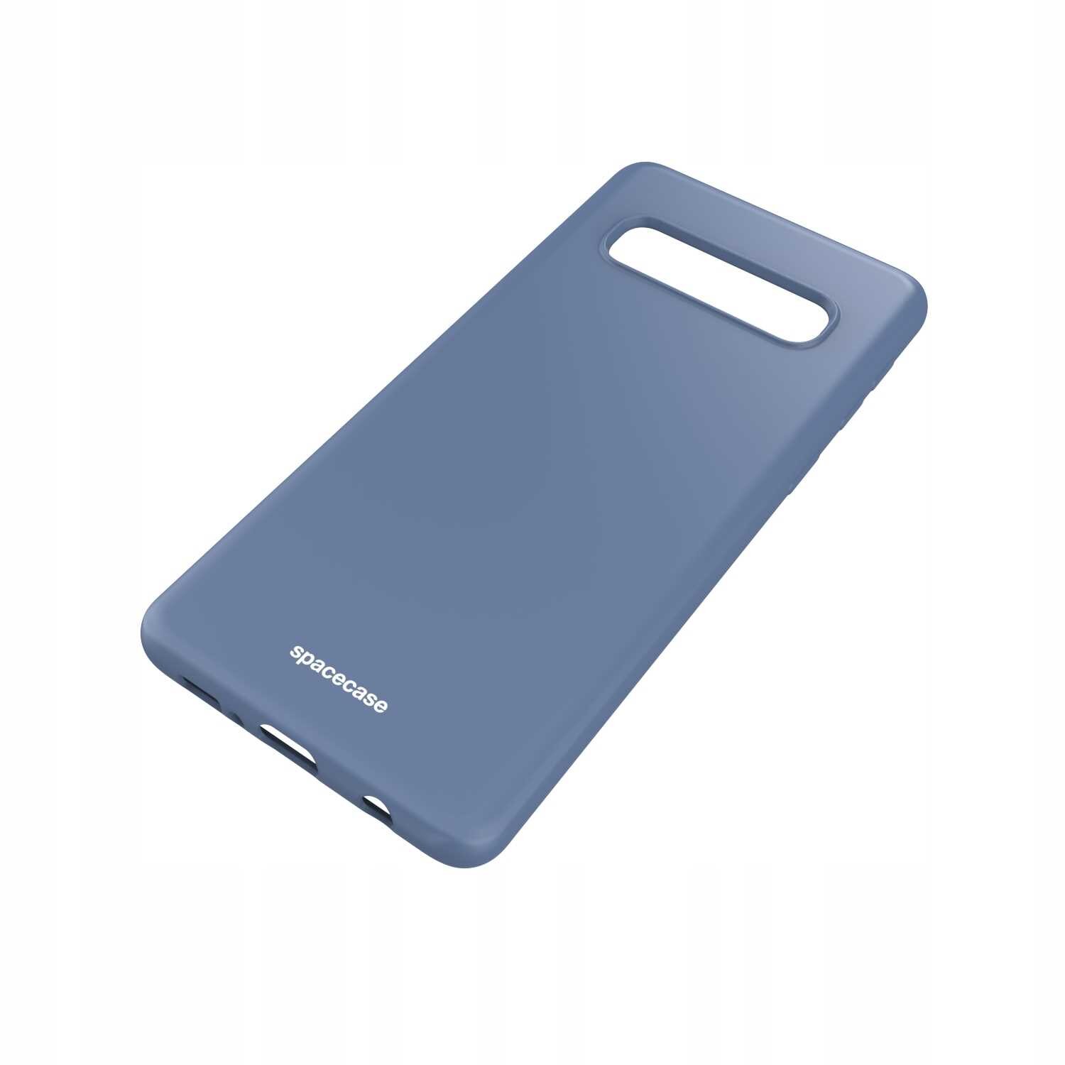 Niebieskie silikonowe etui z wycięciem na aparat, z widocznym napisem \'spacecase\'.