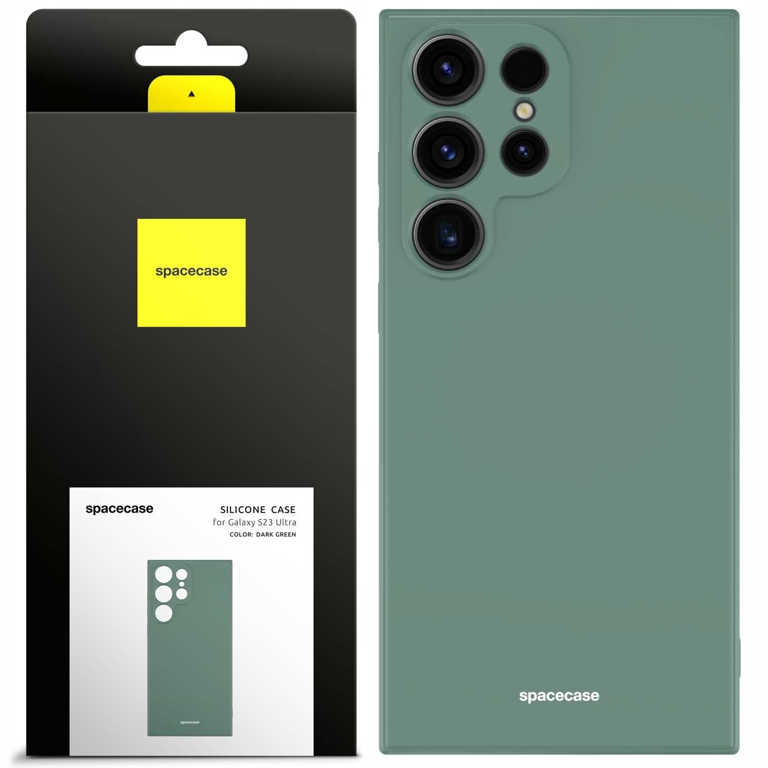 Zielone silikonowe etui na telefon z wycięciami na aparaty, obok opakowanie z logo \'spacecase\'.
