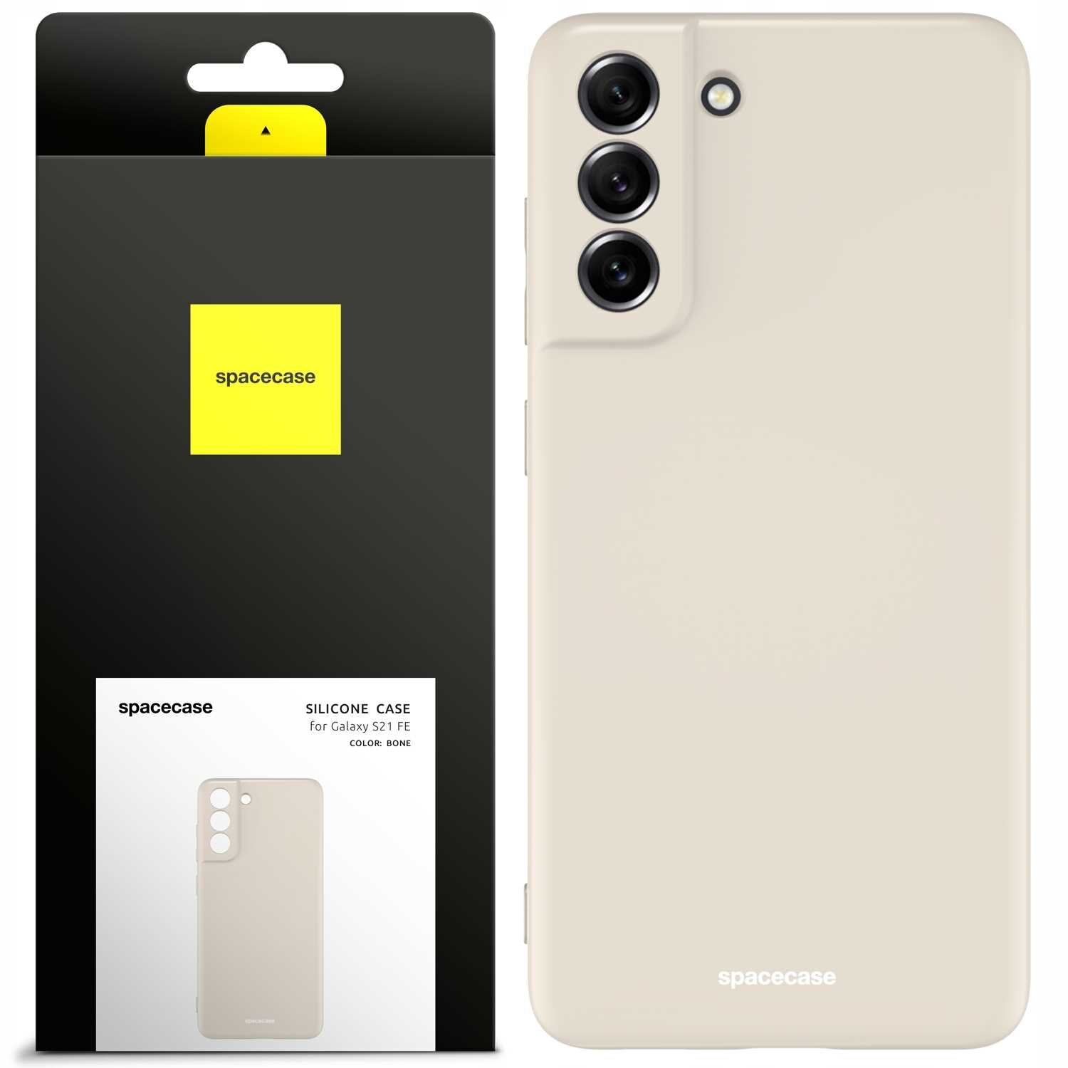 Beżowe silikonowe etui na telefon z trzema otworami na aparaty i jednym na lampę błyskową. Opakowanie z logo \'spacecase\' i napisem \'SILICONE CASE for Galaxy S21 FE COLOR: BONE\'.