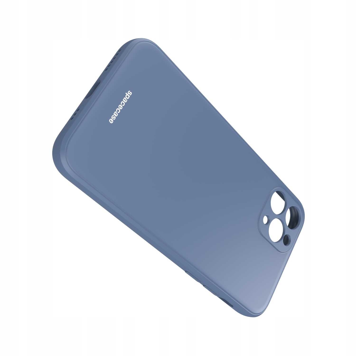 Niebieskie silikonowe etui z wycięciami na aparat i logo \'spacecase\' na powierzchni. Etui jest przeznaczone do iPhone 11 Pro.