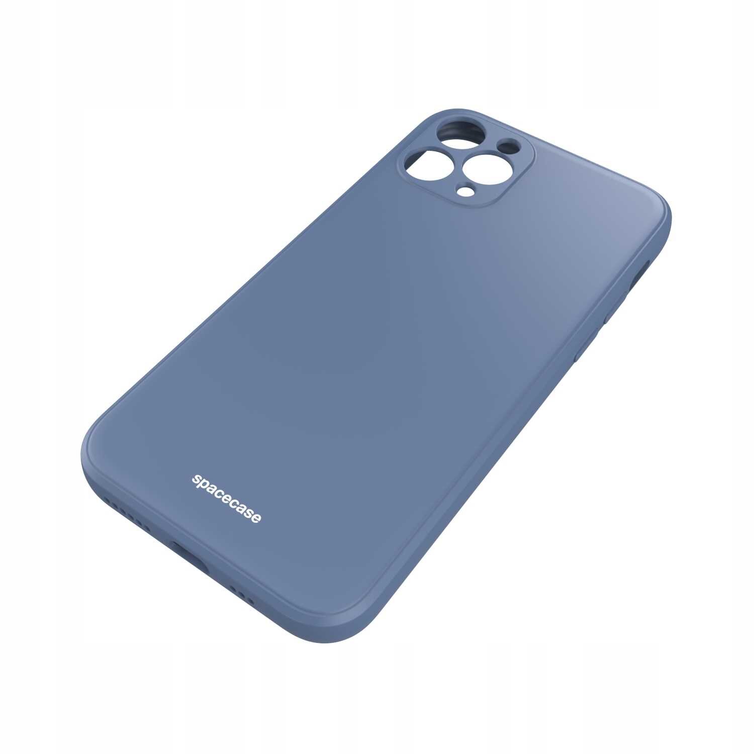 Niebieskie silikonowe etui z wycięciami na aparat i logo \'spacecase\' na dole.