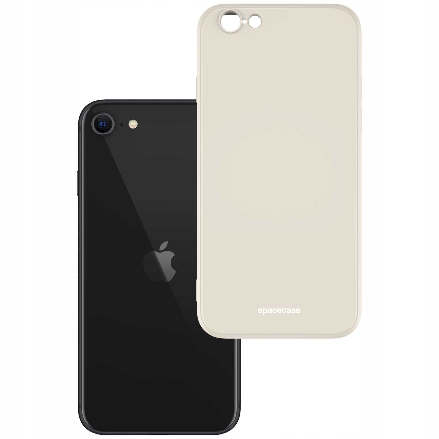 Na obrazie widoczne są dwa elementy: czarny smartfon z logo jabłka oraz beżowe silikonowe etui z napisem \'spacecase\'.