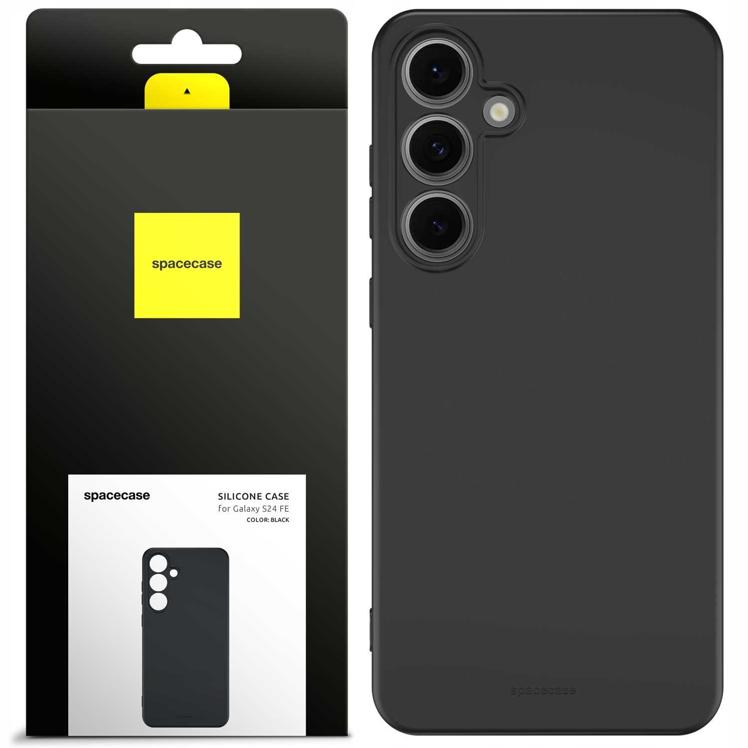 Czarne silikonowe etui na telefon z trzema otworami na aparaty. Opakowanie z logo \'spacecase\' i napisem \'SILICONE CASE for Galaxy S24 FE COLOR: BLACK\'.