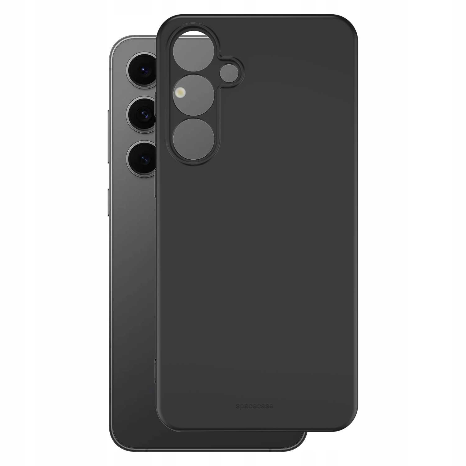 Czarne silikonowe etui na telefon z trzema wycięciami na aparaty i logo \'SPACECASE\' na dole. W tle widoczny jest telefon z trzema obiektywami aparatu.