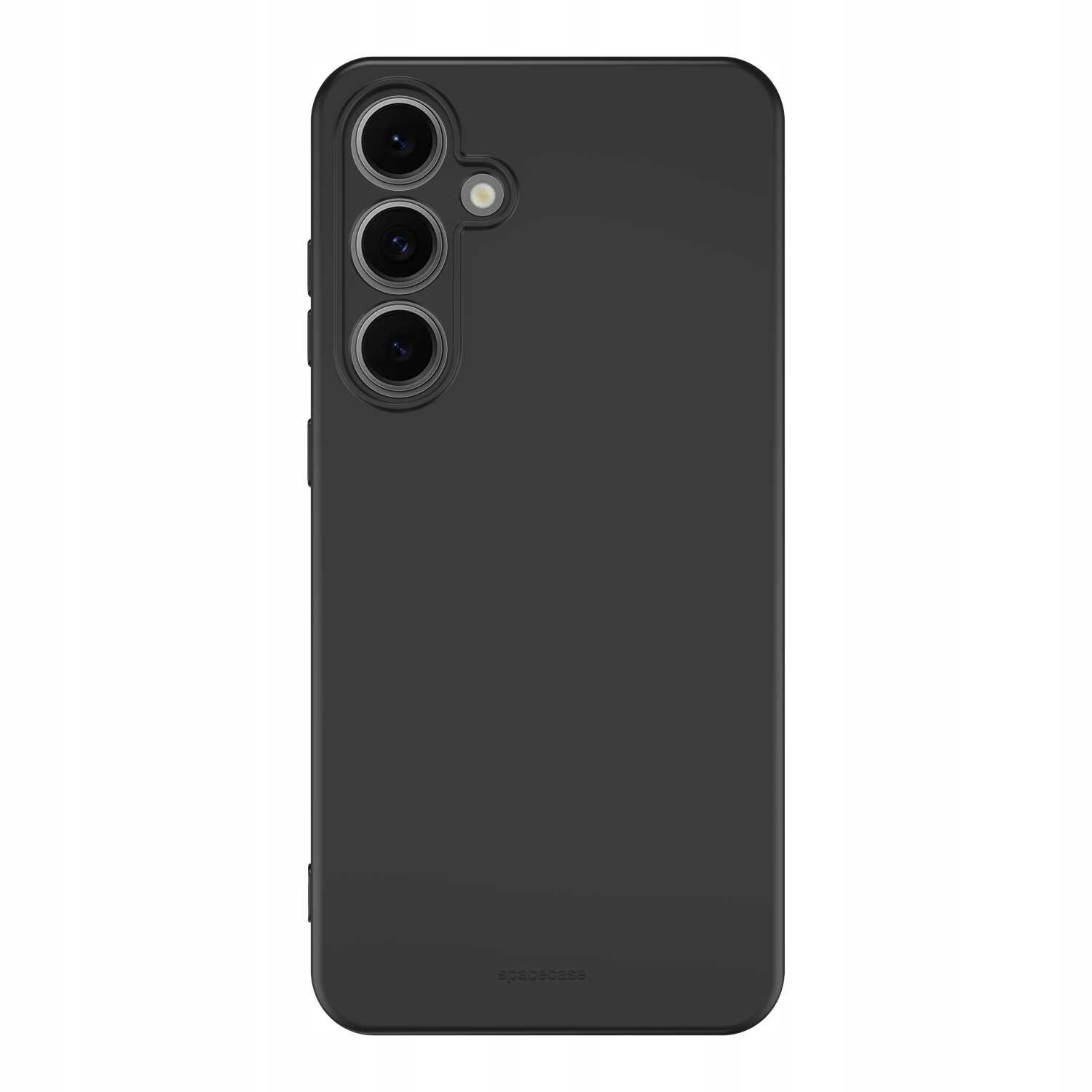 Czarne silikonowe etui z trzema otworami na aparaty i jednym na lampę błyskową. Na dole widoczny jest napis \'SPACECASE\'.
