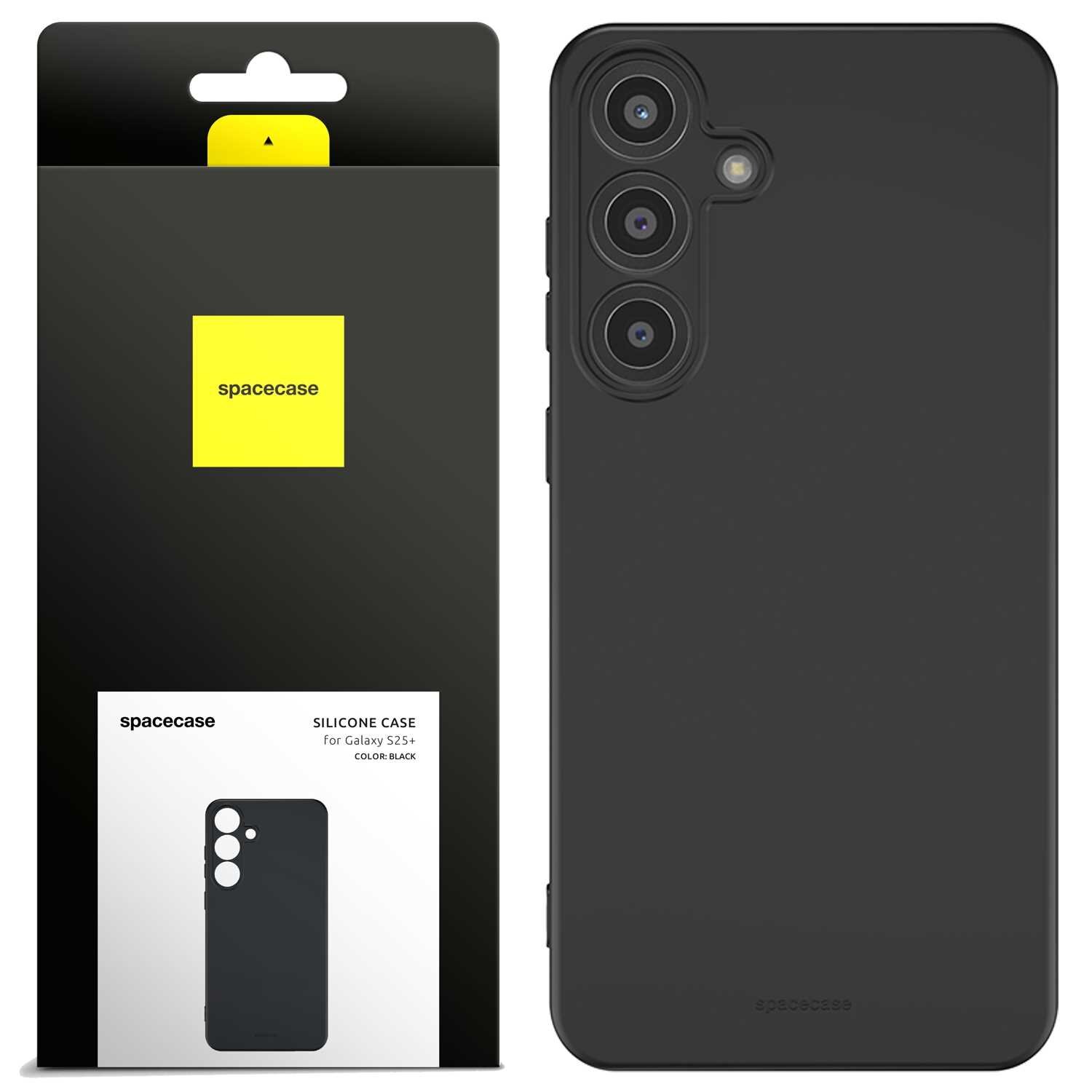 Obraz przedstawia czarne silikonowe etui na telefon z trzema otworami na aparaty. Opakowanie produktu ma żółty kwadrat z napisem \'spacecase\' oraz informację \'SILICONE CASE for Galaxy S25+ COLOR: BLACK\'.