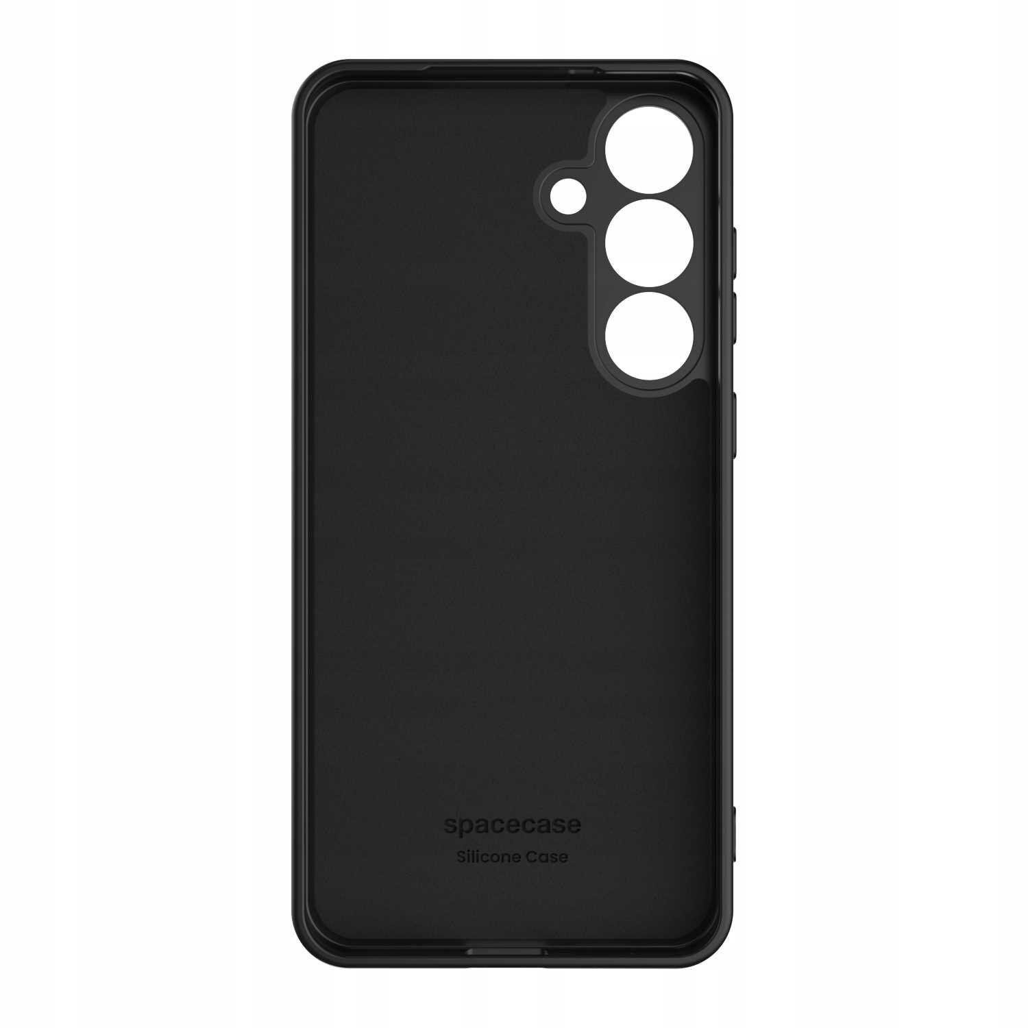 Czarne silikonowe etui z wycięciami na aparat i przyciski. Na dole widoczny napis: \'spacecase Silicone Case\'.