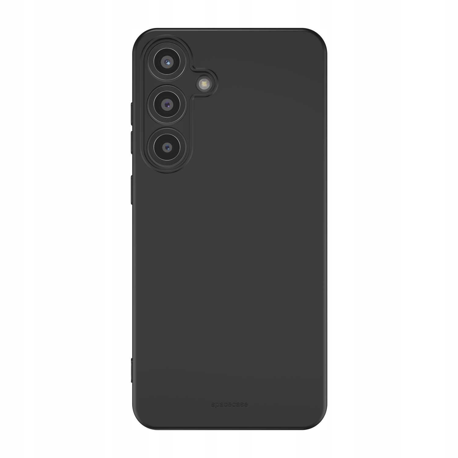 Czarne silikonowe etui na telefon z trzema otworami na aparaty i jednym na lampę błyskową. Na dole widoczny jest napis \'SPACECASE\'.
