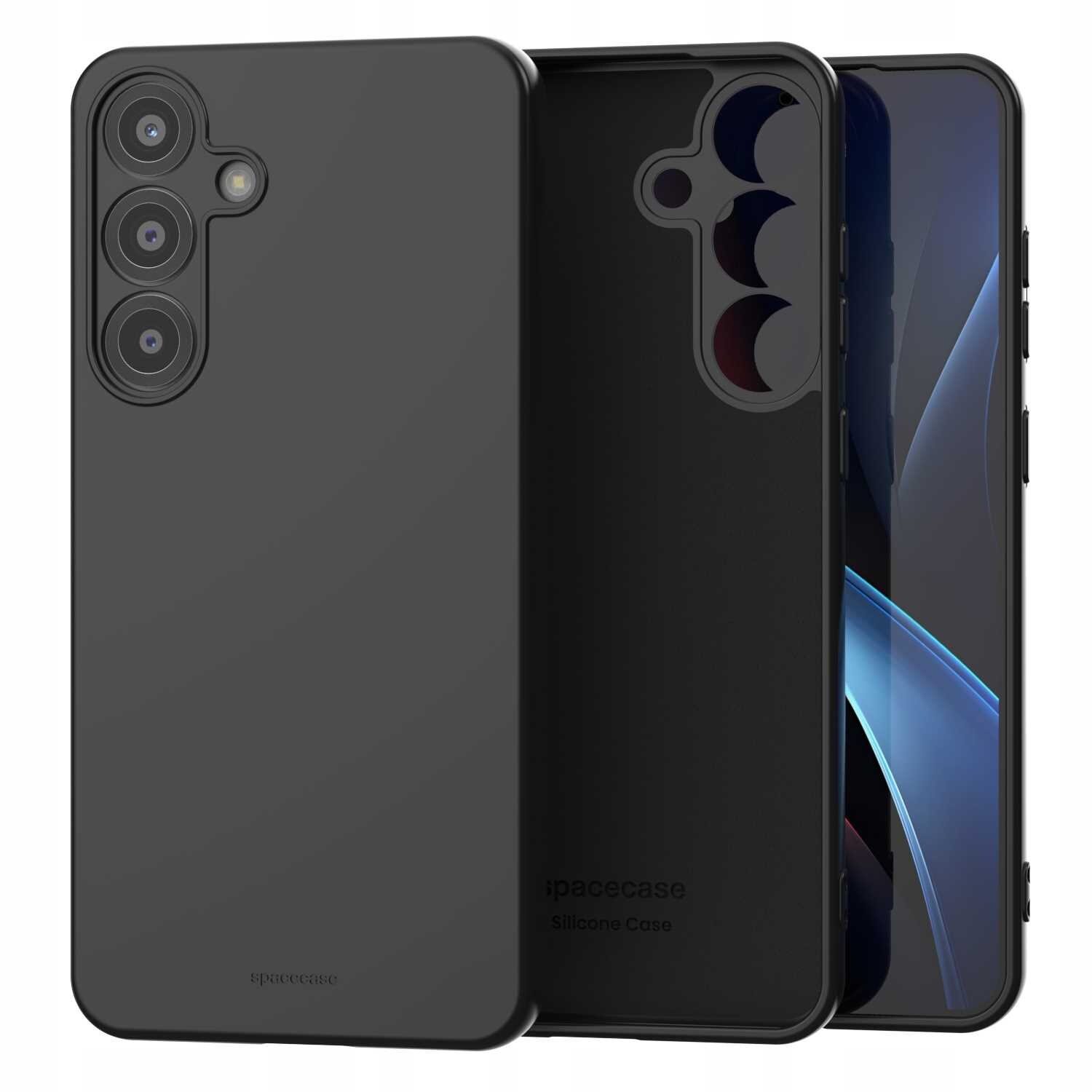 Czarne silikonowe etui na telefon z trzema otworami na aparaty i napisem \'spacecase Silicone Case\'. Obok etui widoczny jest telefon z wyświetlaczem.