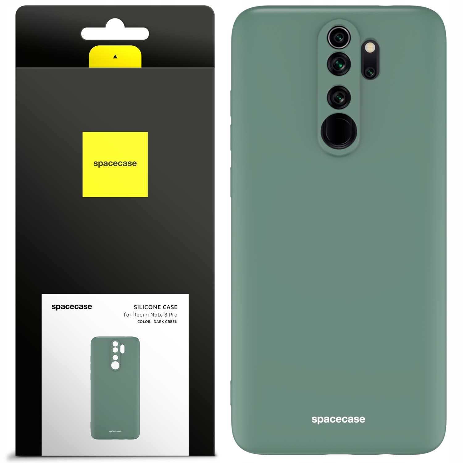 Zielone silikonowe etui na telefon z wycięciami na aparat i logo \'spacecase\'. Opakowanie produktu jest czarne z żółtym kwadratem i napisem \'spacecase\'.