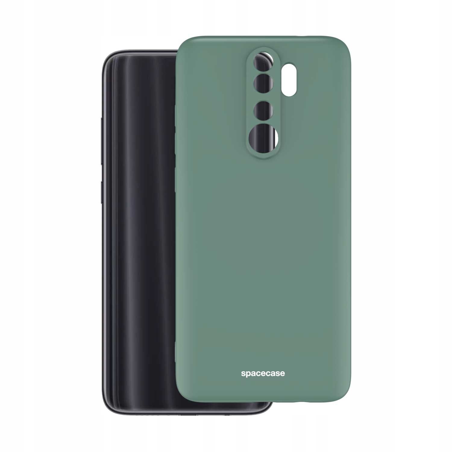 Zielone silikonowe etui z wycięciami na aparat i logo \'spacecase\' na dole. W tle widoczny jest czarny telefon.