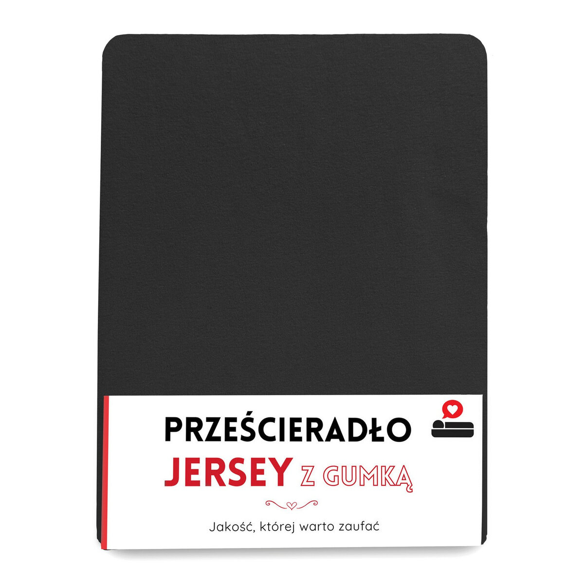Czarne prześcieradło z gumką, zapakowane w opakowanie z napisem \'PRZEŚCIERADŁO JERSEY Z GUMKĄ\'. Na dole opakowania widnieje tekst \'Jakość, której warto zaufać\'.