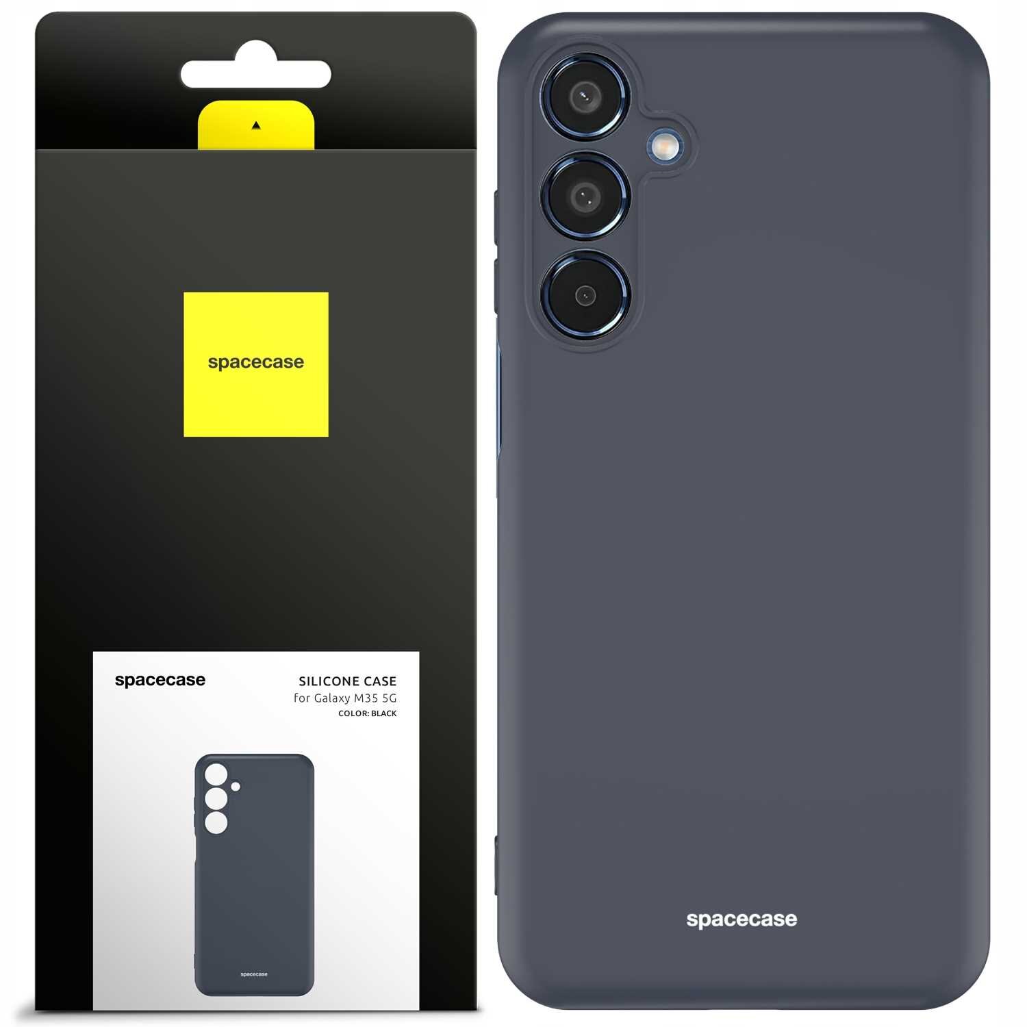 Obraz przedstawia czarne silikonowe etui na telefon z trzema otworami na aparaty. Opakowanie produktu ma czarną i żółtą kolorystykę z napisem \'spacecase\'.