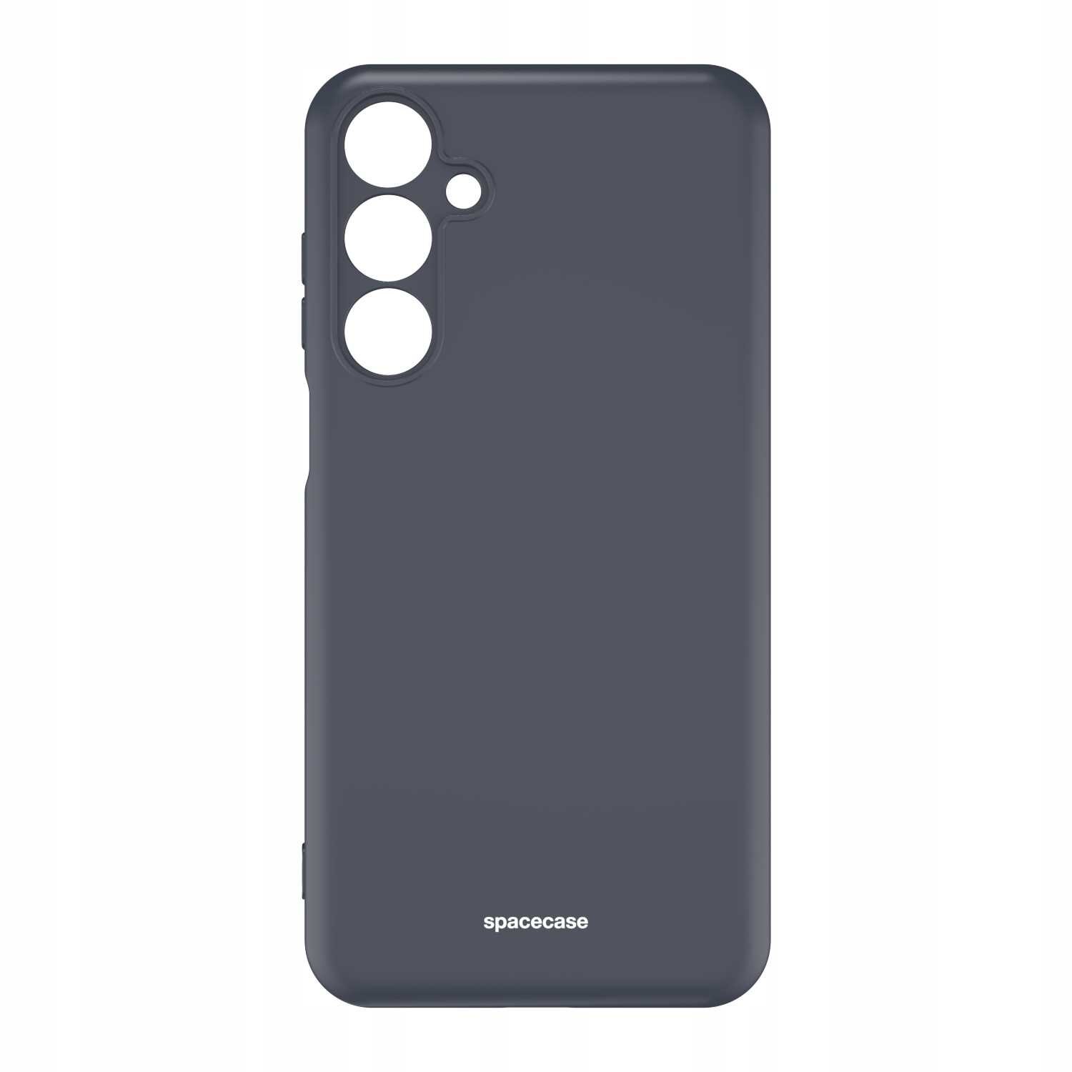 Czarne silikonowe etui z trzema okrągłymi otworami na aparat i napisem \'spacecase\' na dole.