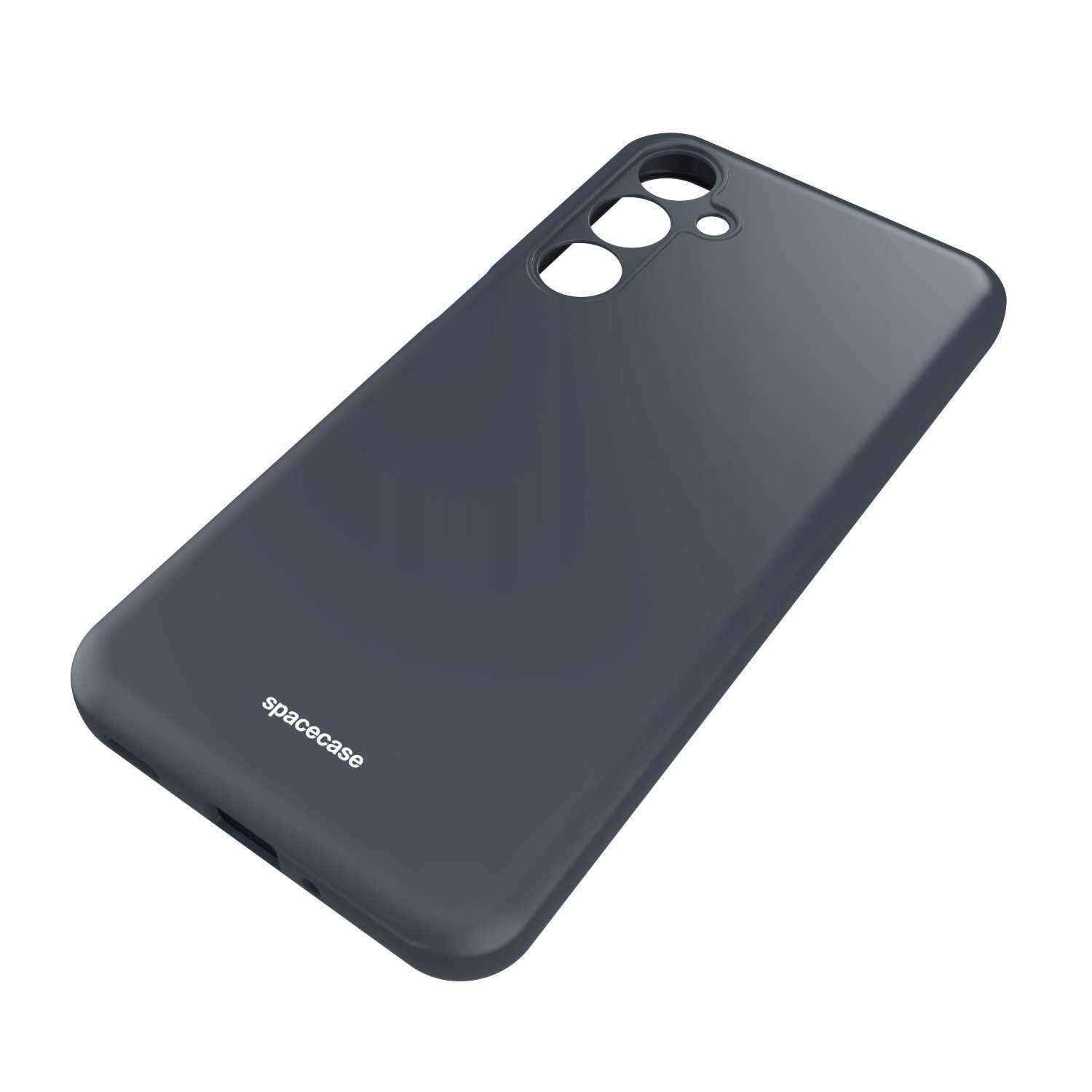 Czarne silikonowe etui z wycięciami na aparat i logo \'spacecase\' na dole. Etui ma gładką powierzchnię i zaokrąglone krawędzie.