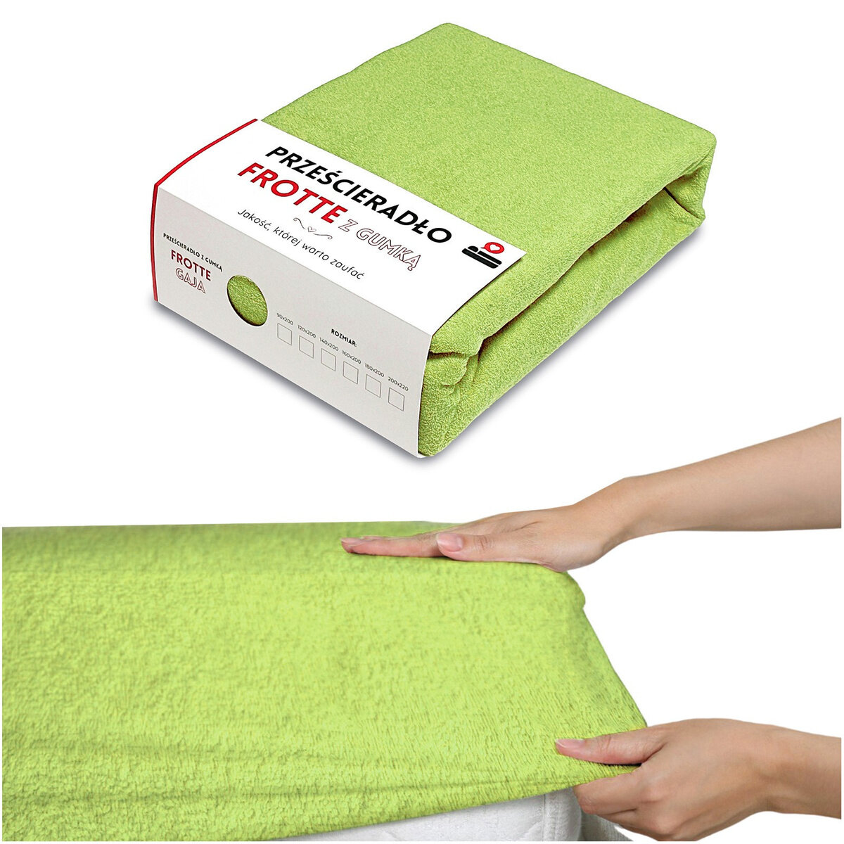Zielone prześcieradło frotte z gumką, zapakowane w karton z napisem \'PRZEŚCIERADŁO FROTTE z GUMKĄ\'. Na dole zdjęcia widoczne są ręce naciągające prześcieradło na materac.