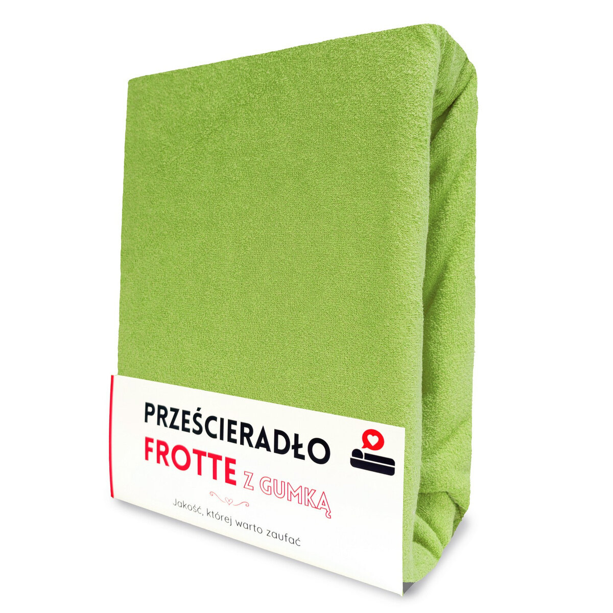 Zielone prześcieradło frotte z gumką, zapakowane w opakowanie z etykietą. Na etykiecie widnieje tekst: \'PRZEŚCIERADŁO FROTTE Z GUMKĄ Jakość, której warto zaufać\'.