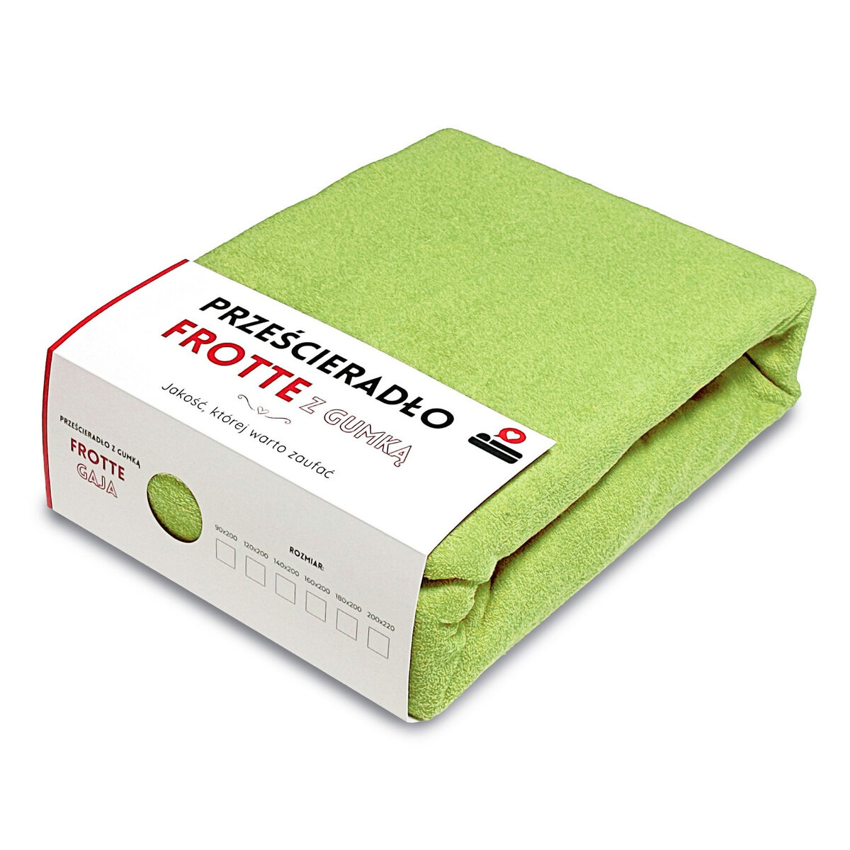Zielone prześcieradło frotte z gumką, zapakowane w opakowanie z napisem \'PRZEŚCIERADŁO FROTTE z GUMKĄ\'. Na opakowaniu widnieje również tekst \'Jakość, której warto zaufać\' oraz logo producenta.