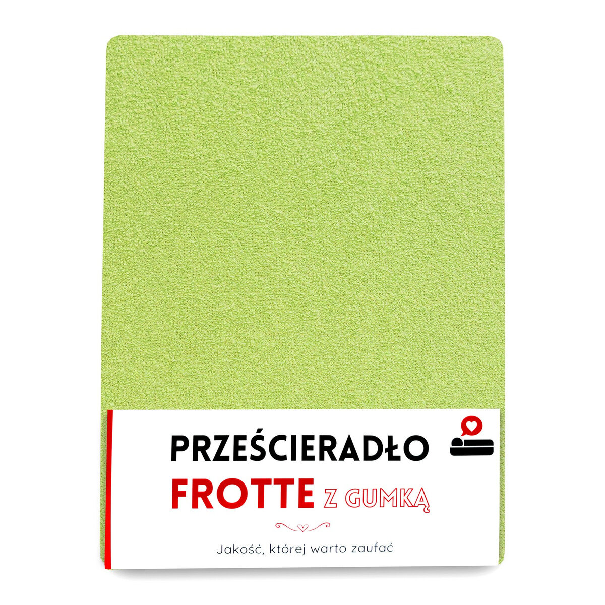Obraz przedstawia zielone prześcieradło frotte z gumką. Na opakowaniu widnieje tekst: \'PRZEŚCIERADŁO FROTTE Z GUMKĄ Jakość, której warto zaufać\'.