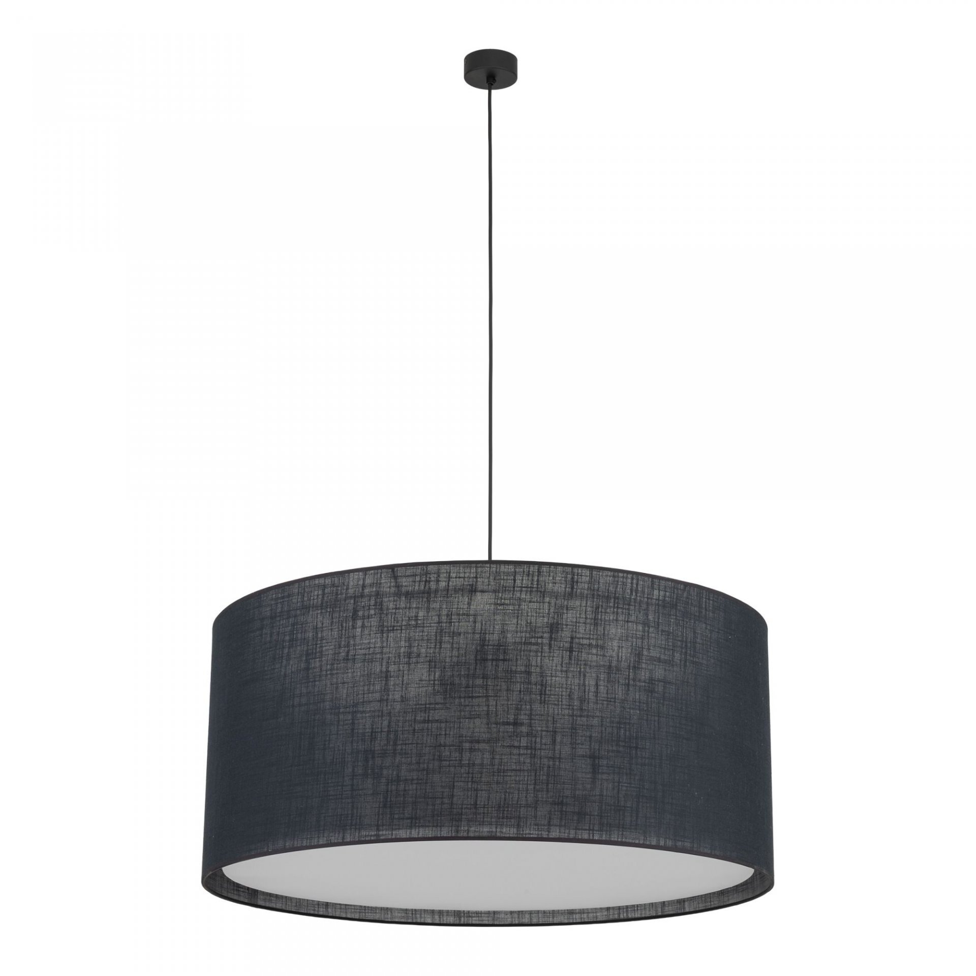 Czarna, nowoczesna lampa wisząca z cylindrycznym abażurem i prostym zawieszeniem. Lampa ma teksturowany materiałowy abażur i jest przeznaczona do montażu sufitowego.