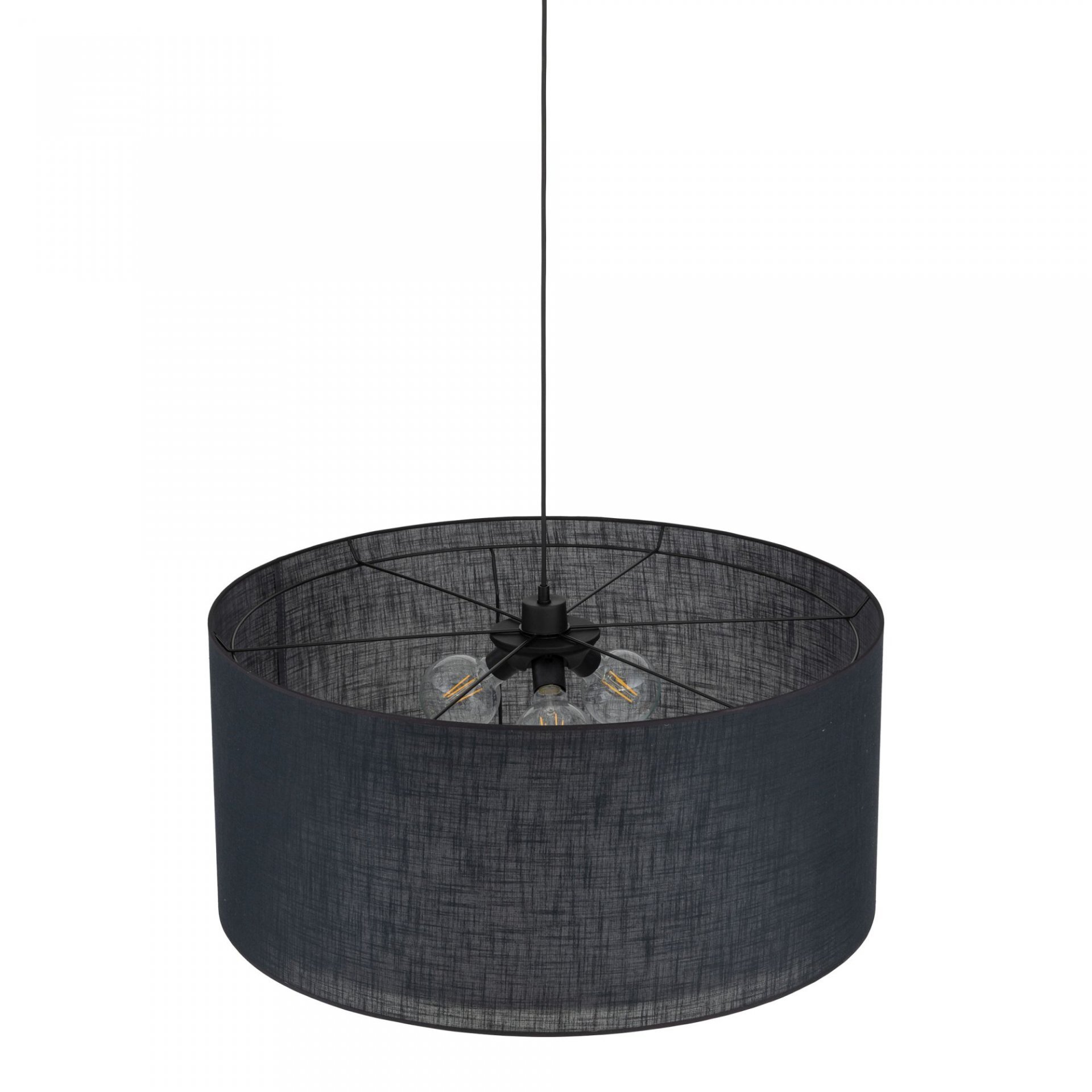 Czarna lampa wisząca z okrągłym abażurem i widocznymi żarówkami wewnątrz. Lampa jest zawieszona na cienkim przewodzie.