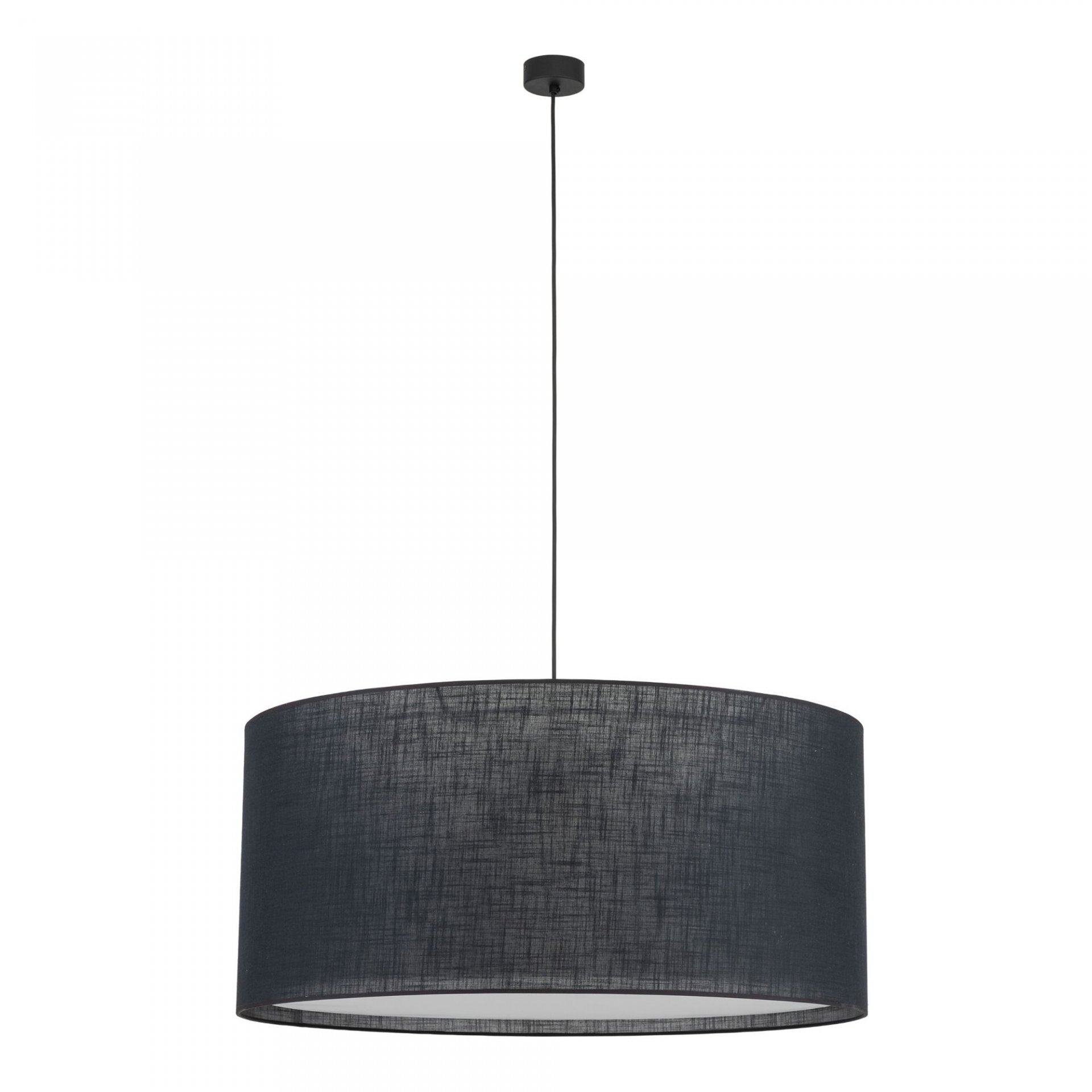 Czarna, nowoczesna lampa wisząca z cylindrycznym abażurem zawieszona na cienkim przewodzie. Lampa ma prosty, elegancki design, idealny do salonu lub jadalni.