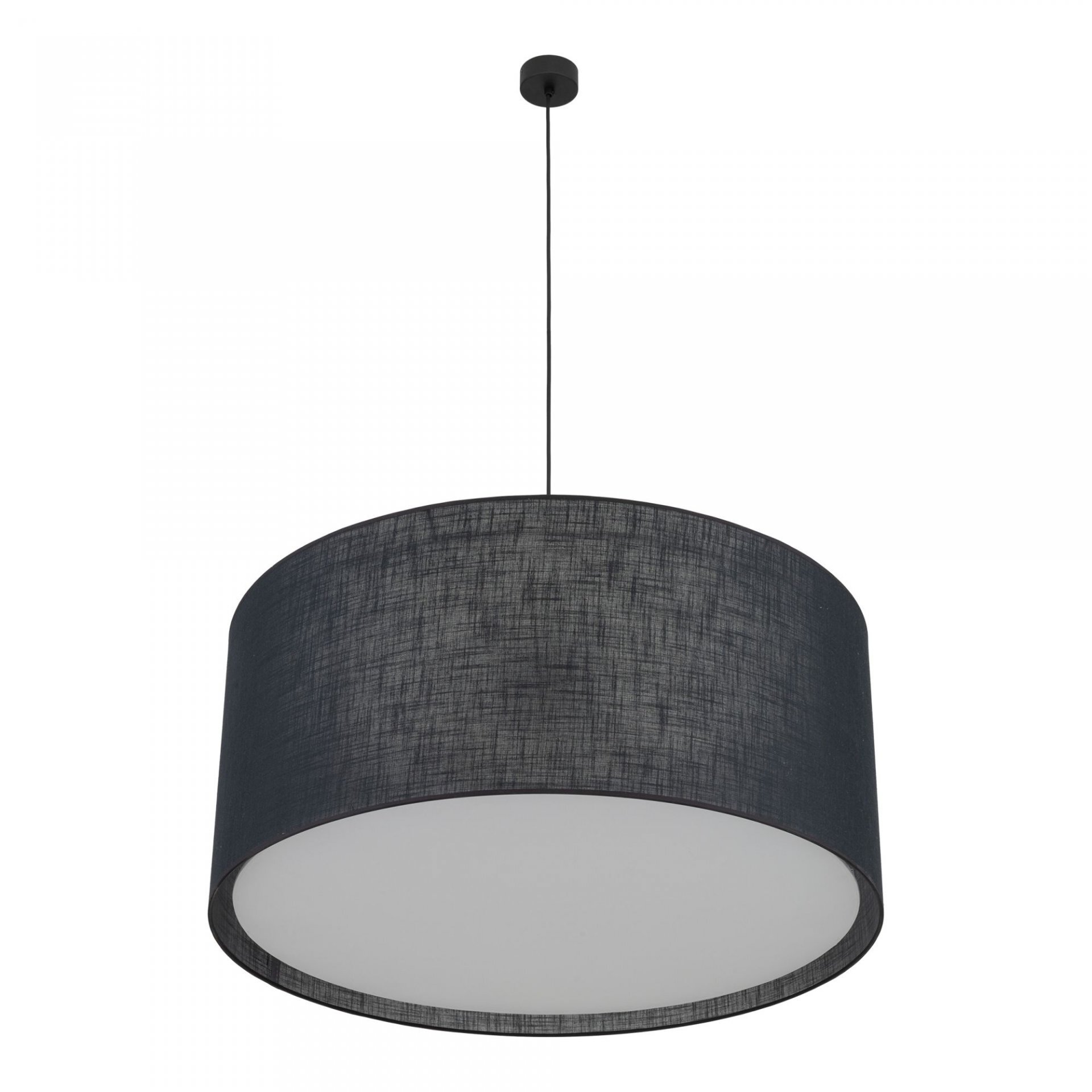 Czarna lampa wisząca z cylindrycznym kloszem i białym spodem, zawieszona na cienkim przewodzie. Klosz ma teksturowaną powierzchnię.