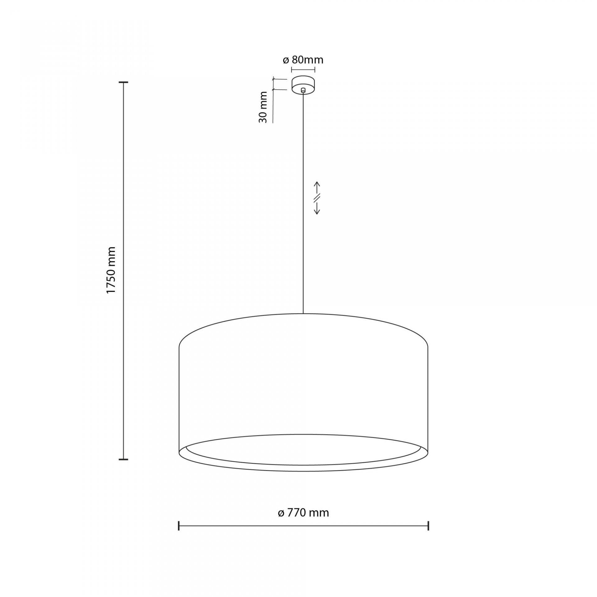 Schemat lampy wiszącej z wymiarami: wysokość 1750 mm, średnica klosza 770 mm, średnica mocowania 80 mm, wysokość mocowania 30 mm.