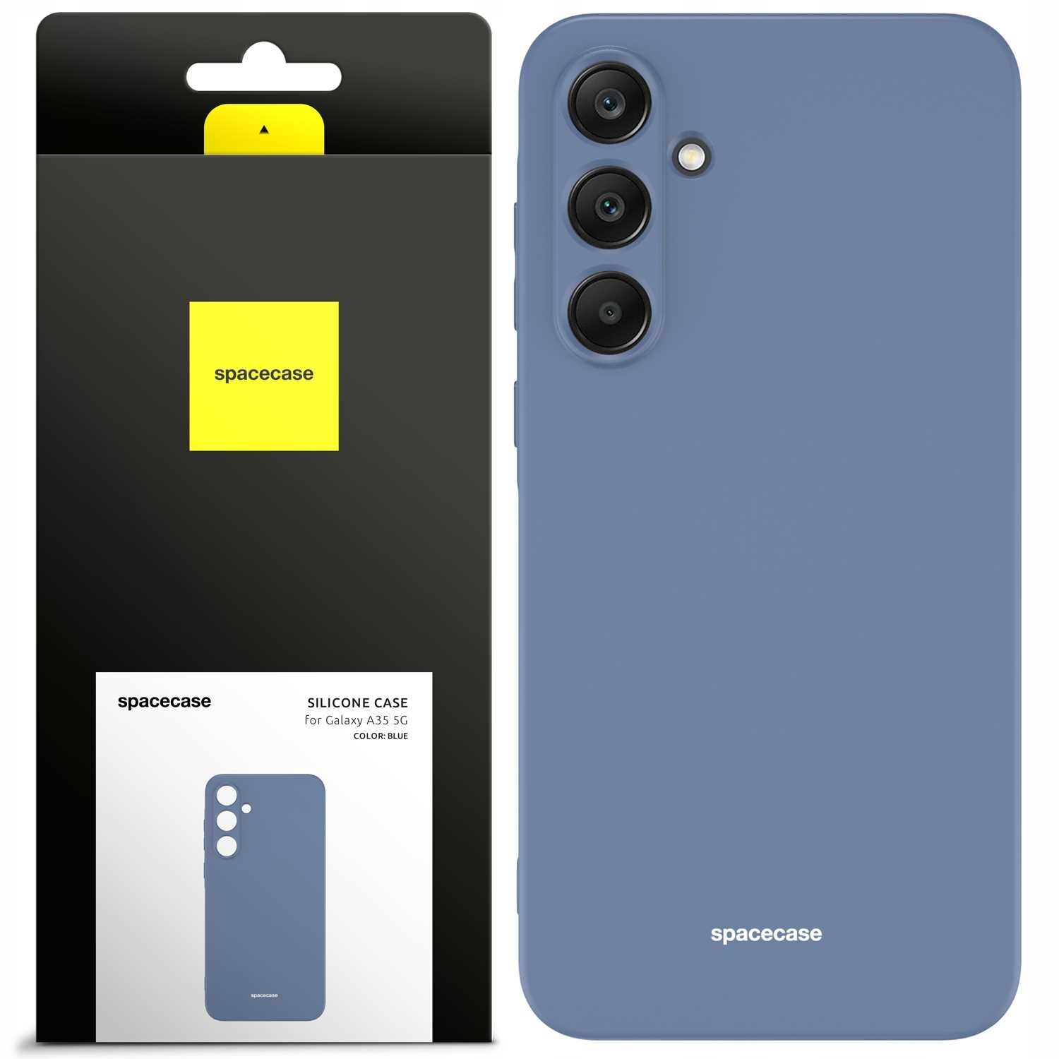 Na obrazie widoczne jest niebieskie silikonowe etui na telefon z trzema otworami na aparaty. Obok znajduje się opakowanie z logo \'spacecase\' i napisem \'SILICONE CASE for Galaxy A55 5G COLOR: BLUE\'.