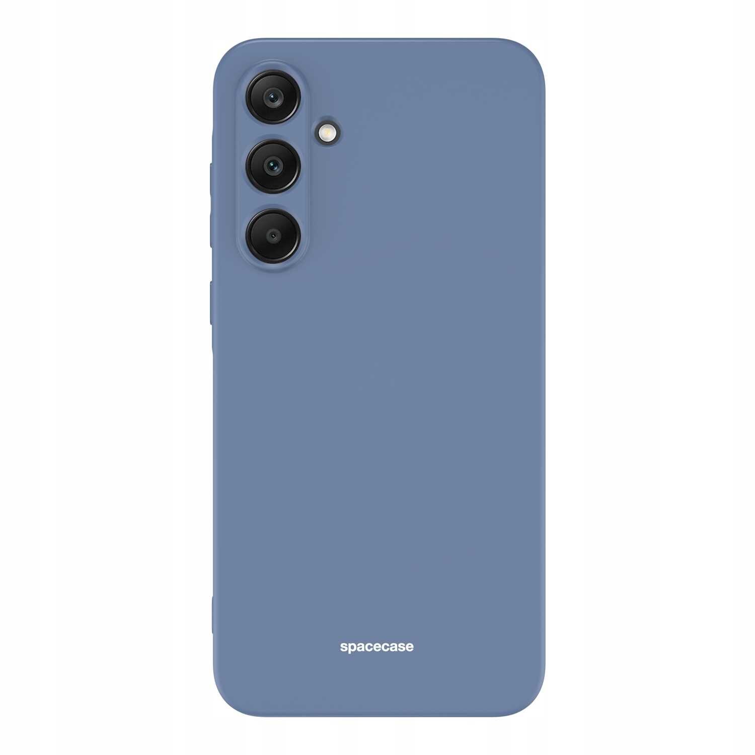 Niebieskie silikonowe etui na telefon z trzema otworami na aparaty i jednym na lampę błyskową. Na dole widoczny jest napis \'spacecase\'.