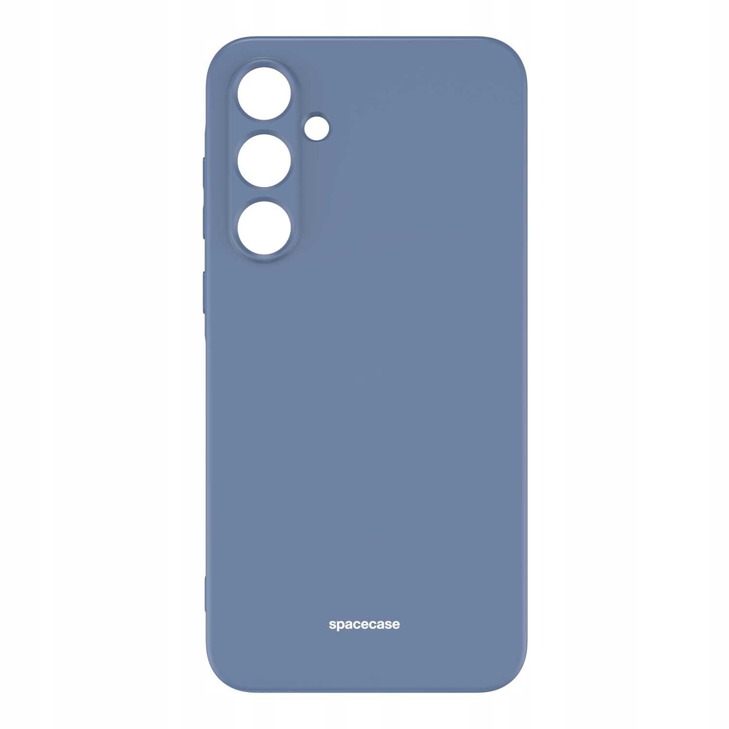 Niebieskie silikonowe etui z trzema otworami na aparat i napisem \'spacecase\' na dole.